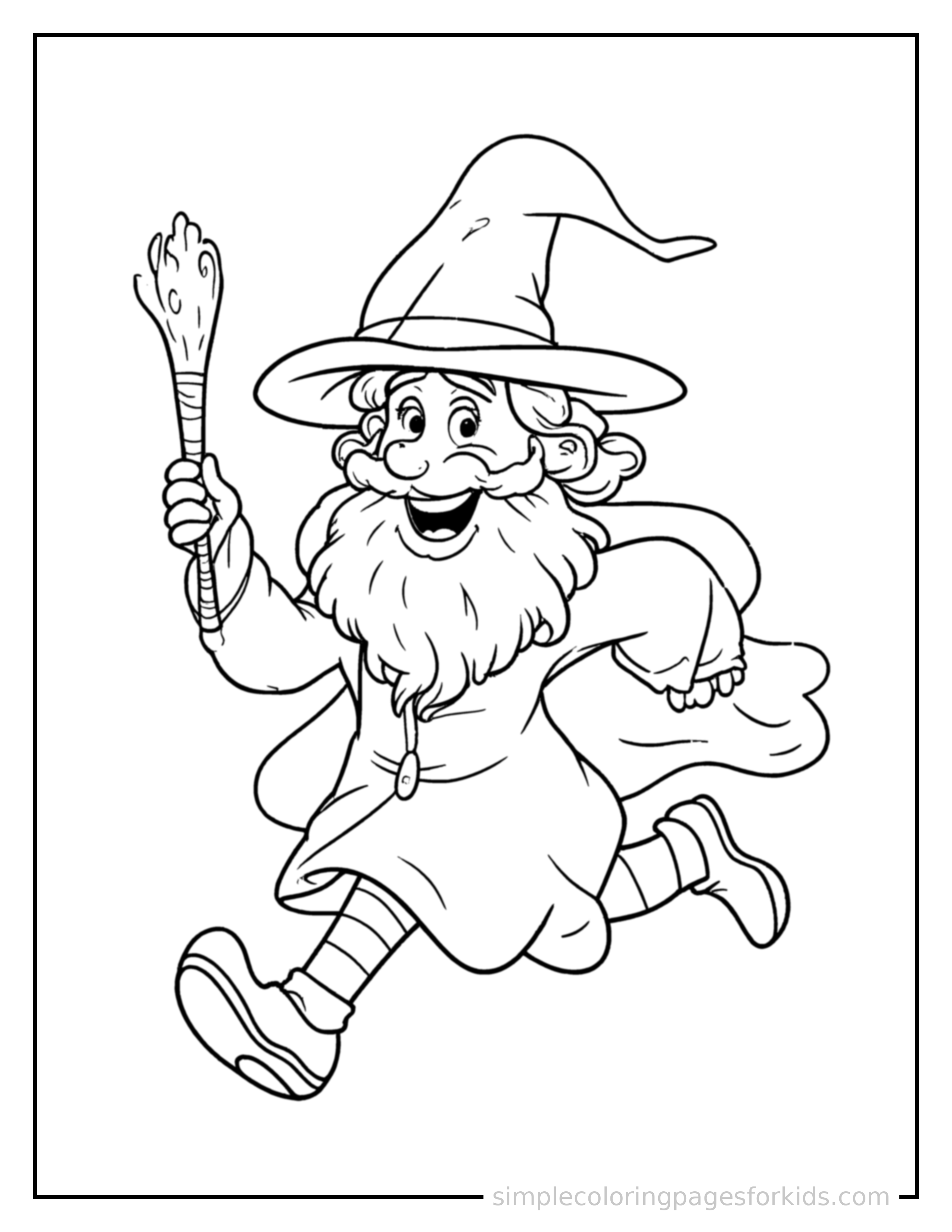 Free printable friendly wizard with a tall hat and a magic staff coloring page featuring a cute friendly wizard with a tall hat and a magic staff running forward at full speed, arms pumping, big happy grin.