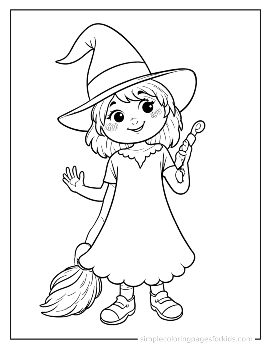 Friendly Witch With A Pointy Hat And A Broom Coloring Pages
