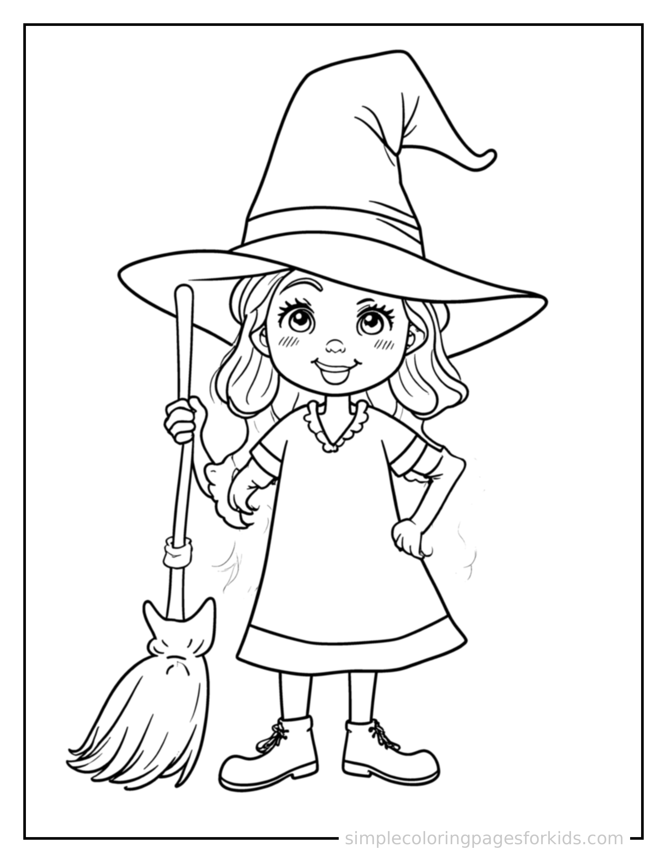 Free printable friendly witch with a pointy hat and a broom coloring page featuring a cute friendly witch with a pointy hat and a broom standing proudly with hands on hips, chest out, big sparkling happy eyes and open smile.
