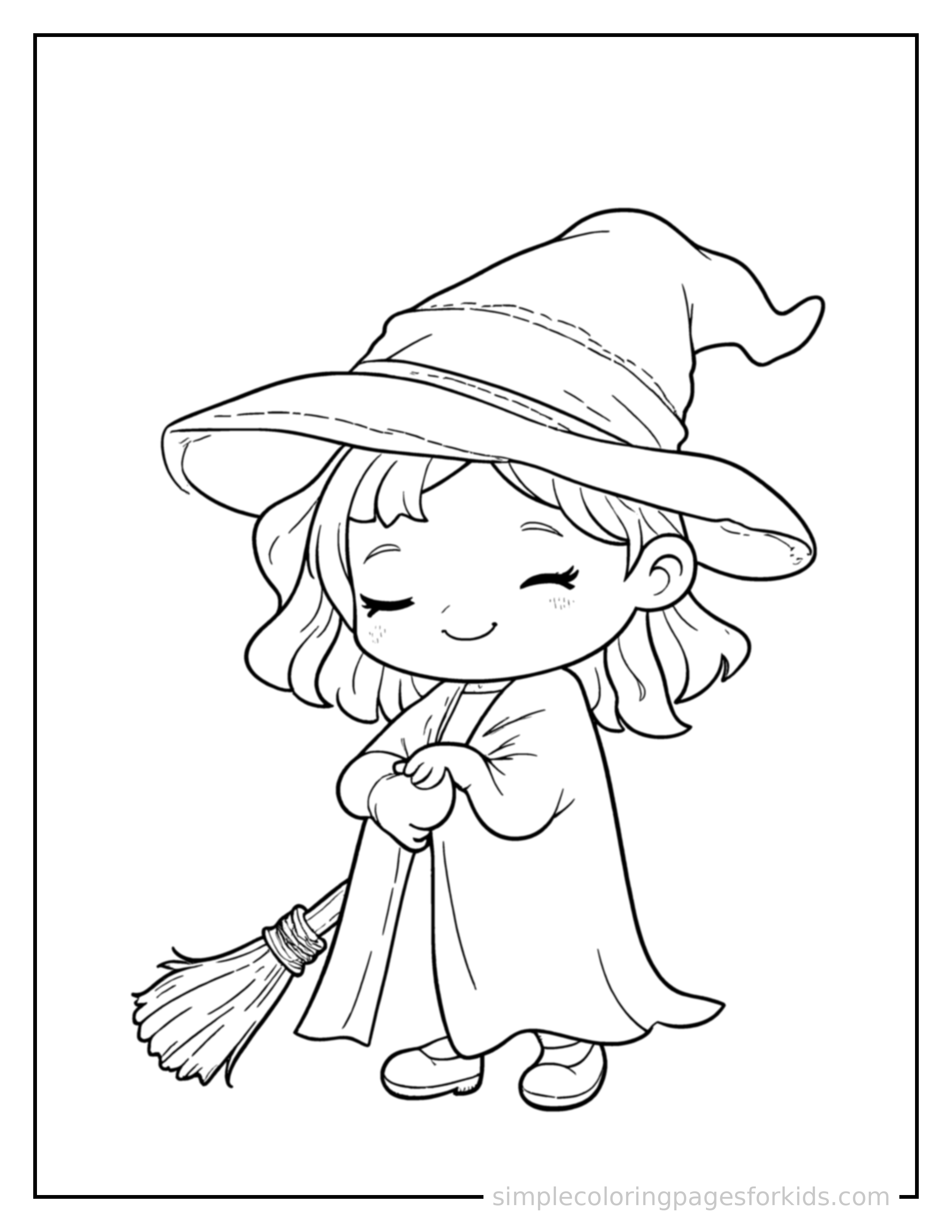 Free printable friendly witch with a pointy hat and a broom coloring page featuring a cute friendly witch with a pointy hat and a broom curled up fast asleep, peaceful smile, one eye scrunched shut, hands tucked under the chin.