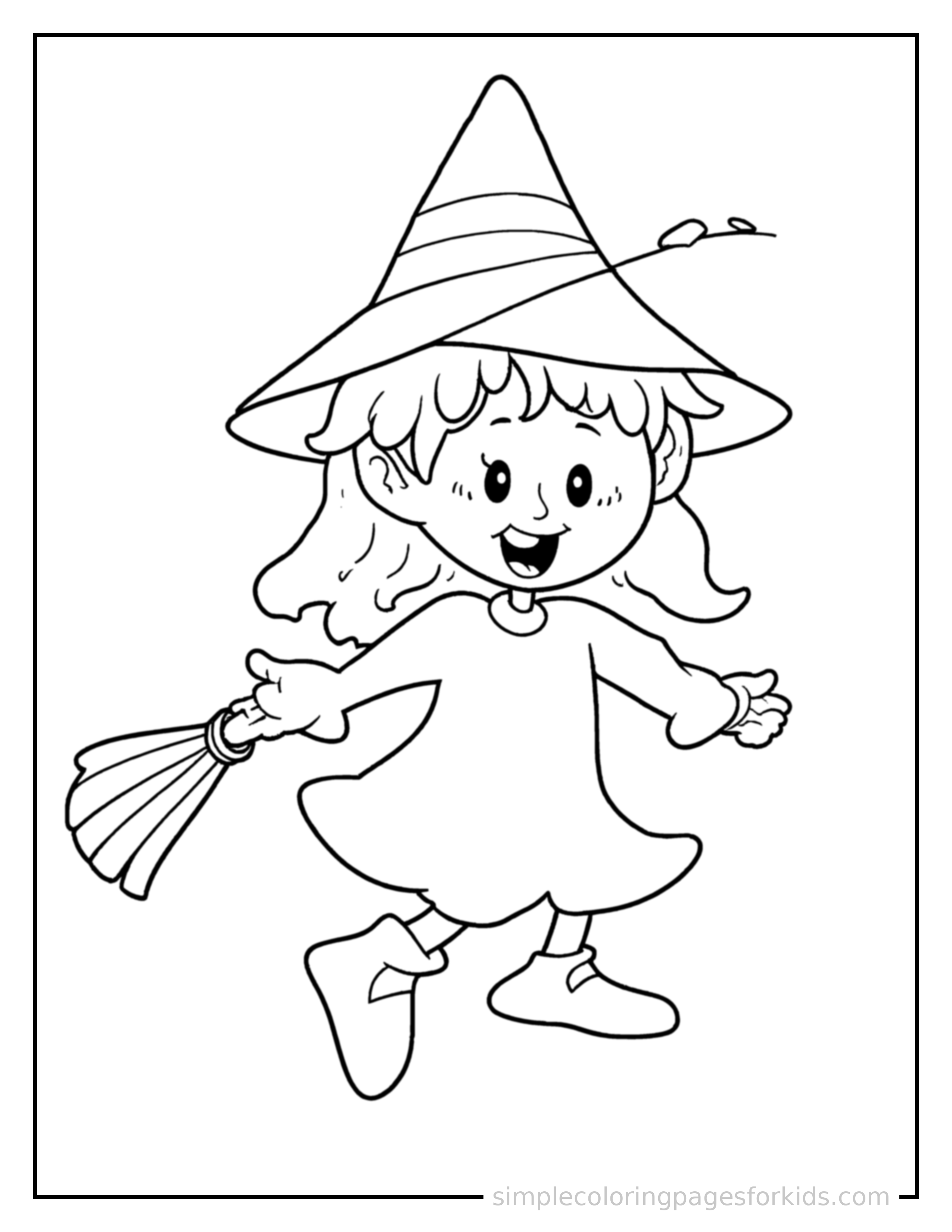 Free printable friendly witch with a pointy hat and a broom coloring page featuring a cute friendly witch with a pointy hat and a broom mid-jump with arms and legs stretched out playfully, mouth open with excitement.