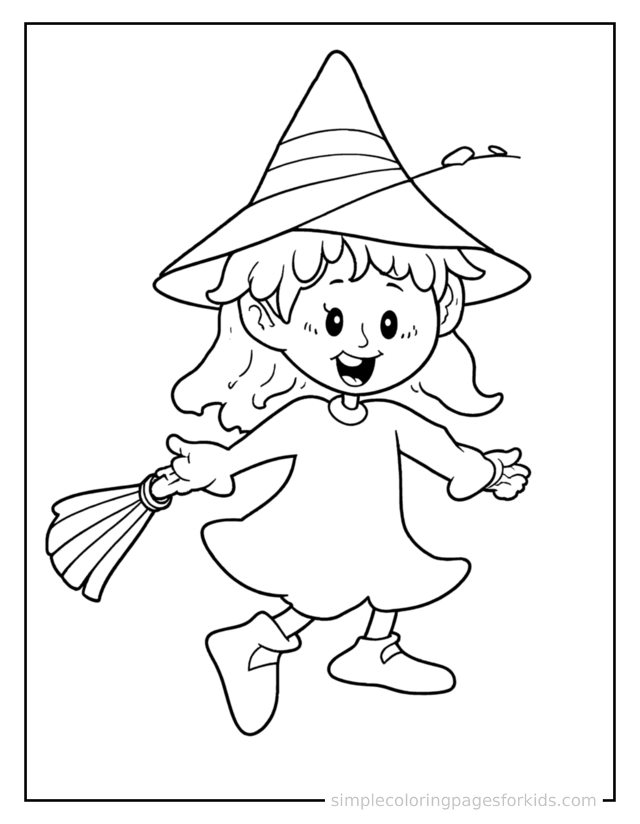 Jumping Friendly Witch With A Pointy Hat And A Broom Coloring Page