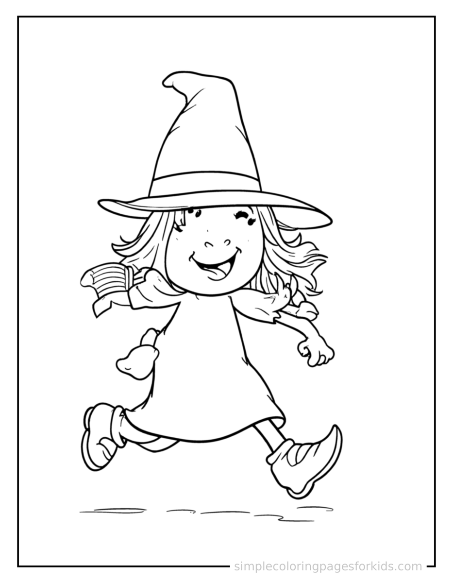 Running Friendly Witch With A Pointy Hat And A Broom Coloring Page