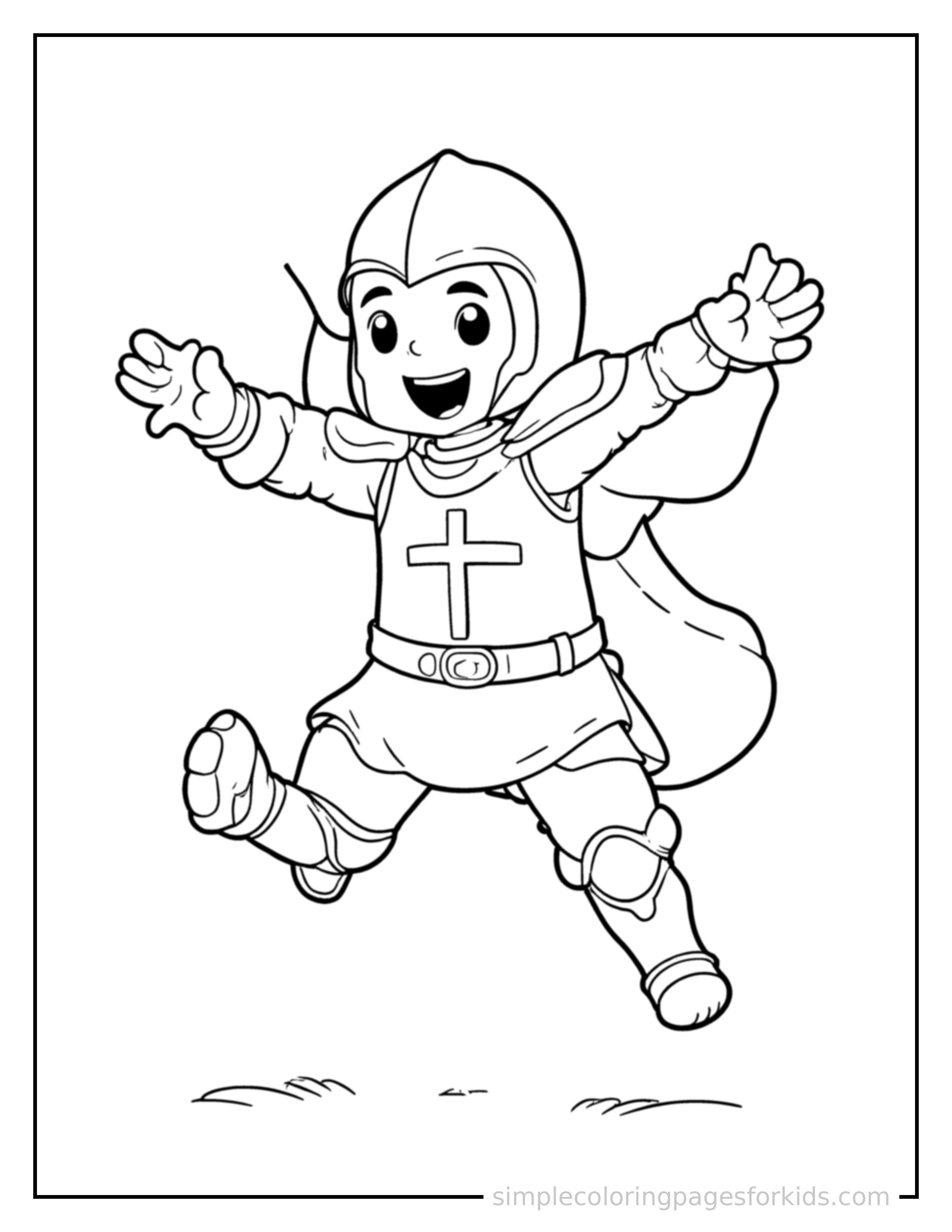 Free printable brave knight in shining armor coloring page featuring a cute brave knight in shining armor mid-jump with arms and legs stretched out playfully, mouth open with excitement.
