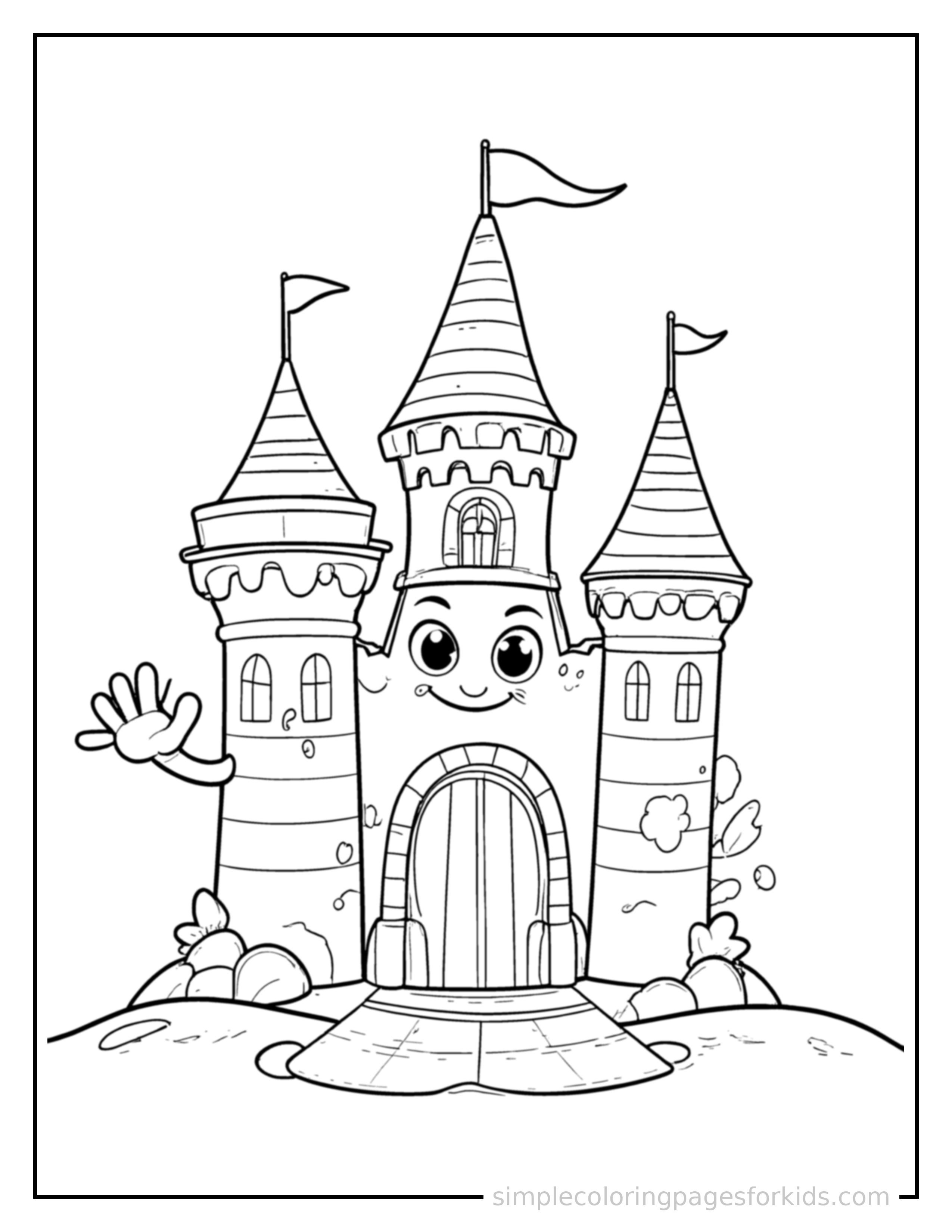 Free printable little castle with flags on its towers coloring page featuring a cute little castle with flags on its towers standing tall with a big cheerful grin, one hand raised in a wave, head tilted slightly.