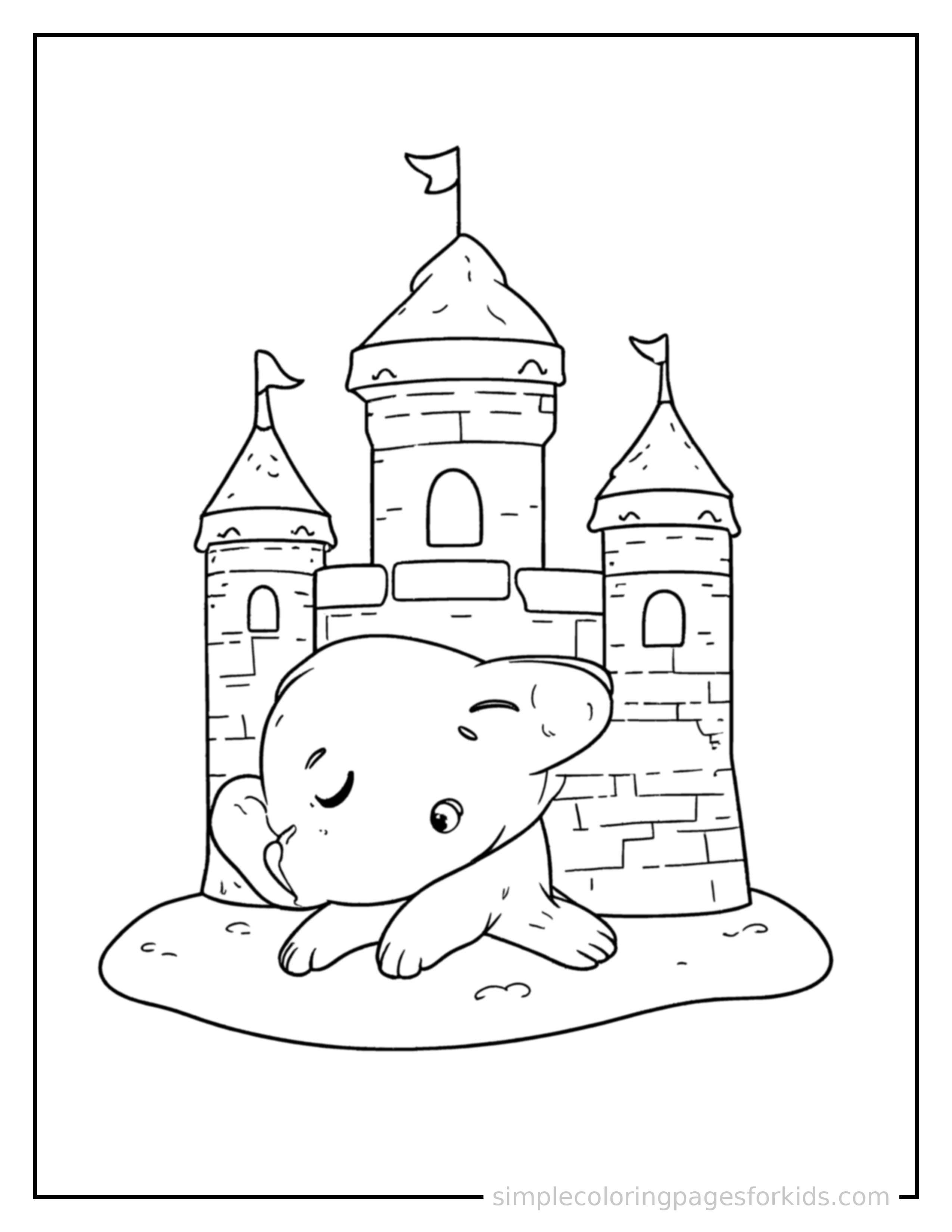 Free printable little castle with flags on its towers coloring page featuring a cute little castle with flags on its towers curled up fast asleep, peaceful smile, one eye scrunched shut, hands tucked under the chin.