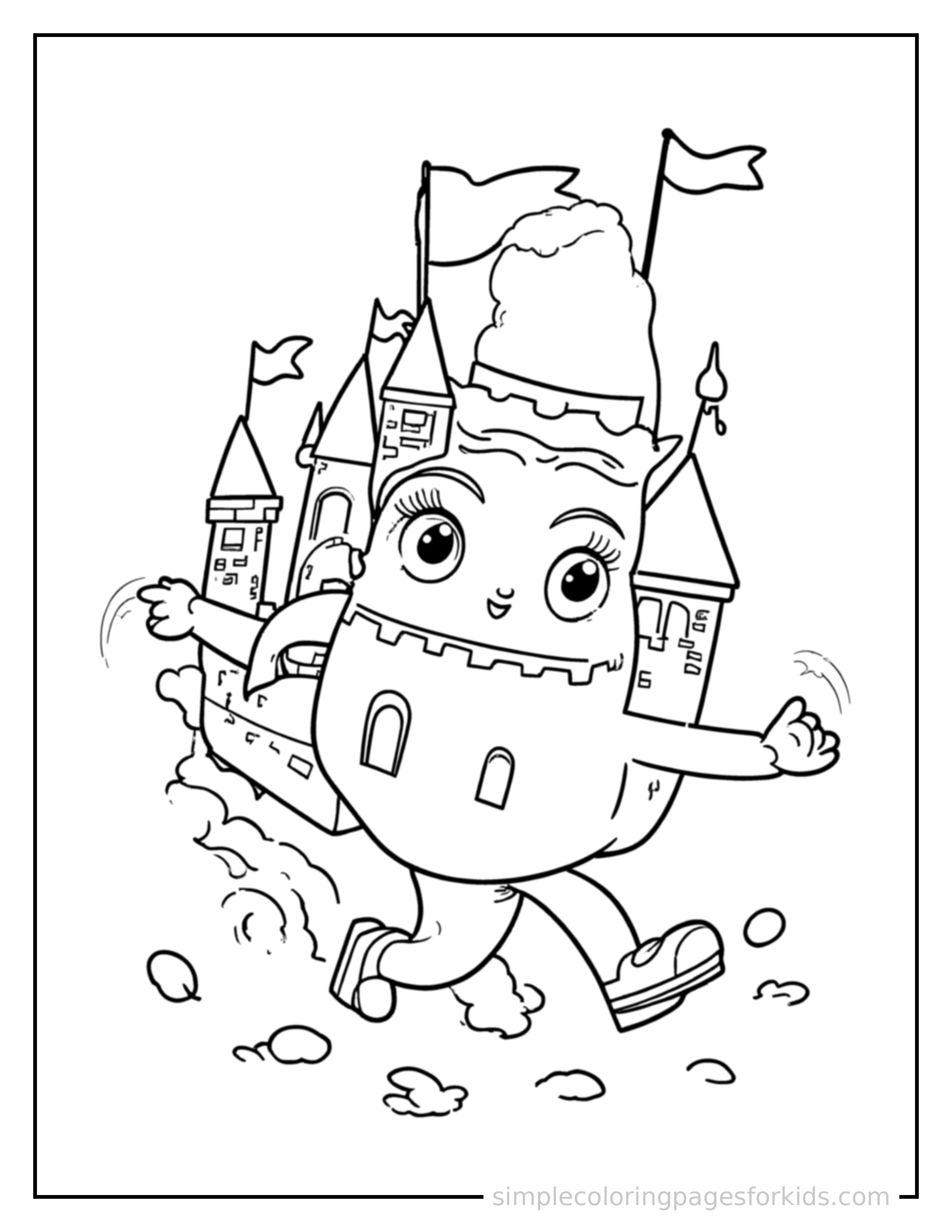 Free printable little castle with flags on its towers coloring page featuring a cute little castle with flags on its towers running forward at full speed, arms pumping, big happy grin.
