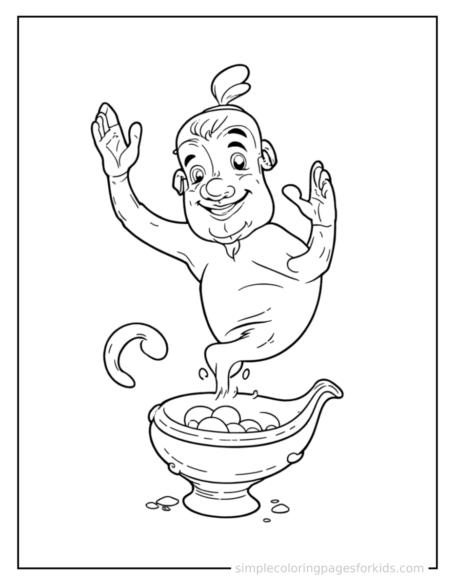 Genie Floating Out Of A Magic Lamp Coloring Pages