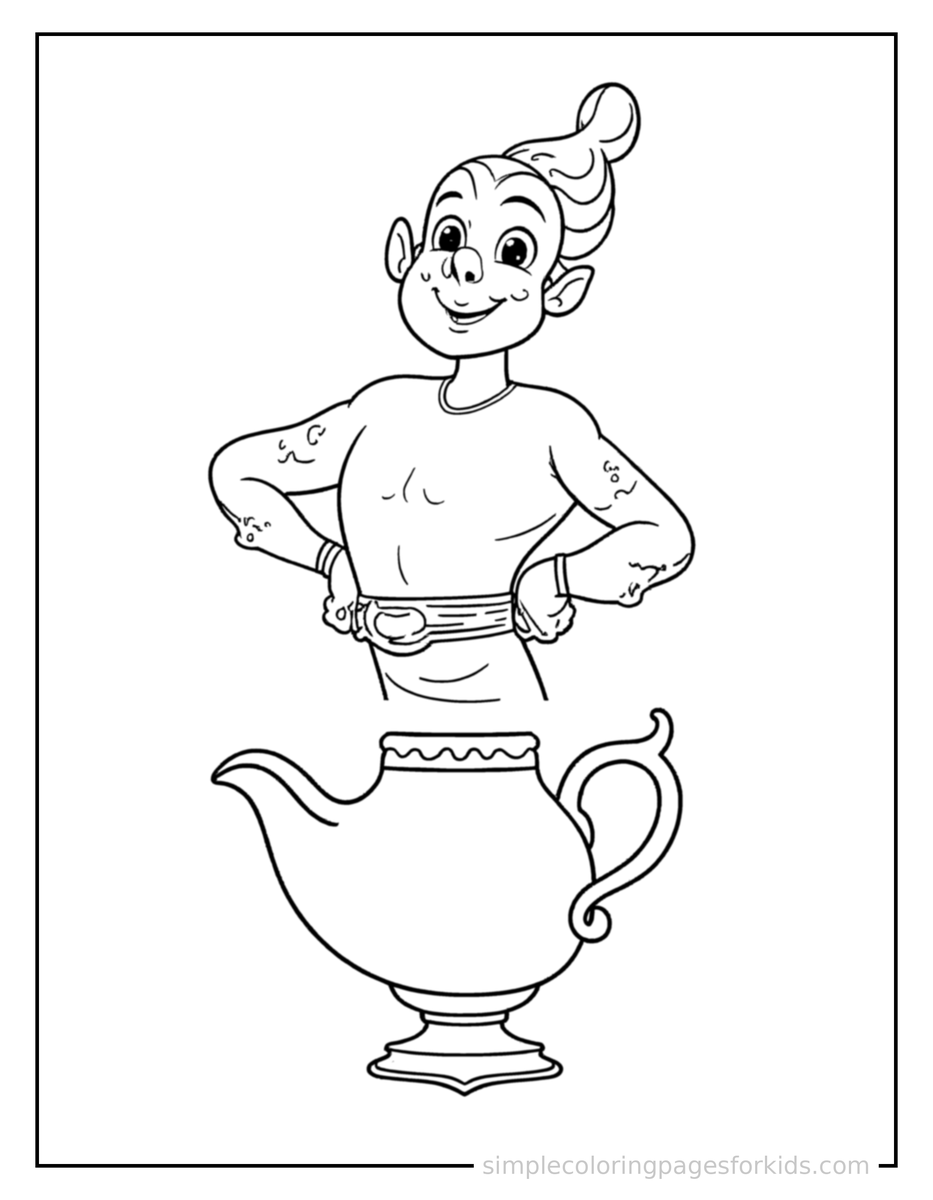 Proud Genie Floating Out Of A Magic Lamp Coloring Page