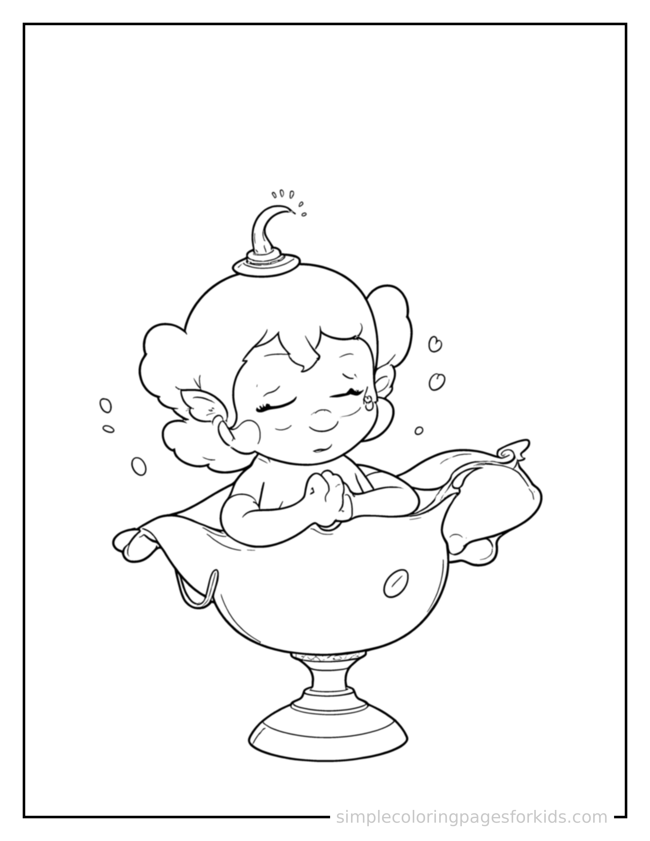 Free printable genie floating out of a magic lamp coloring page featuring a cute genie floating out of a magic lamp curled up fast asleep, peaceful smile, one eye scrunched shut, hands tucked under the chin.