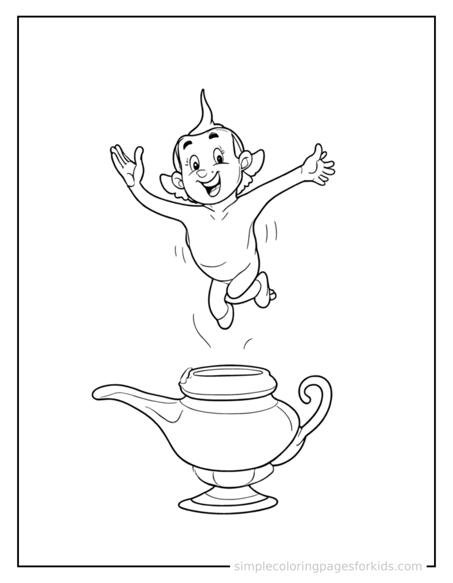 Jumping Genie Floating Out Of A Magic Lamp Coloring Page
