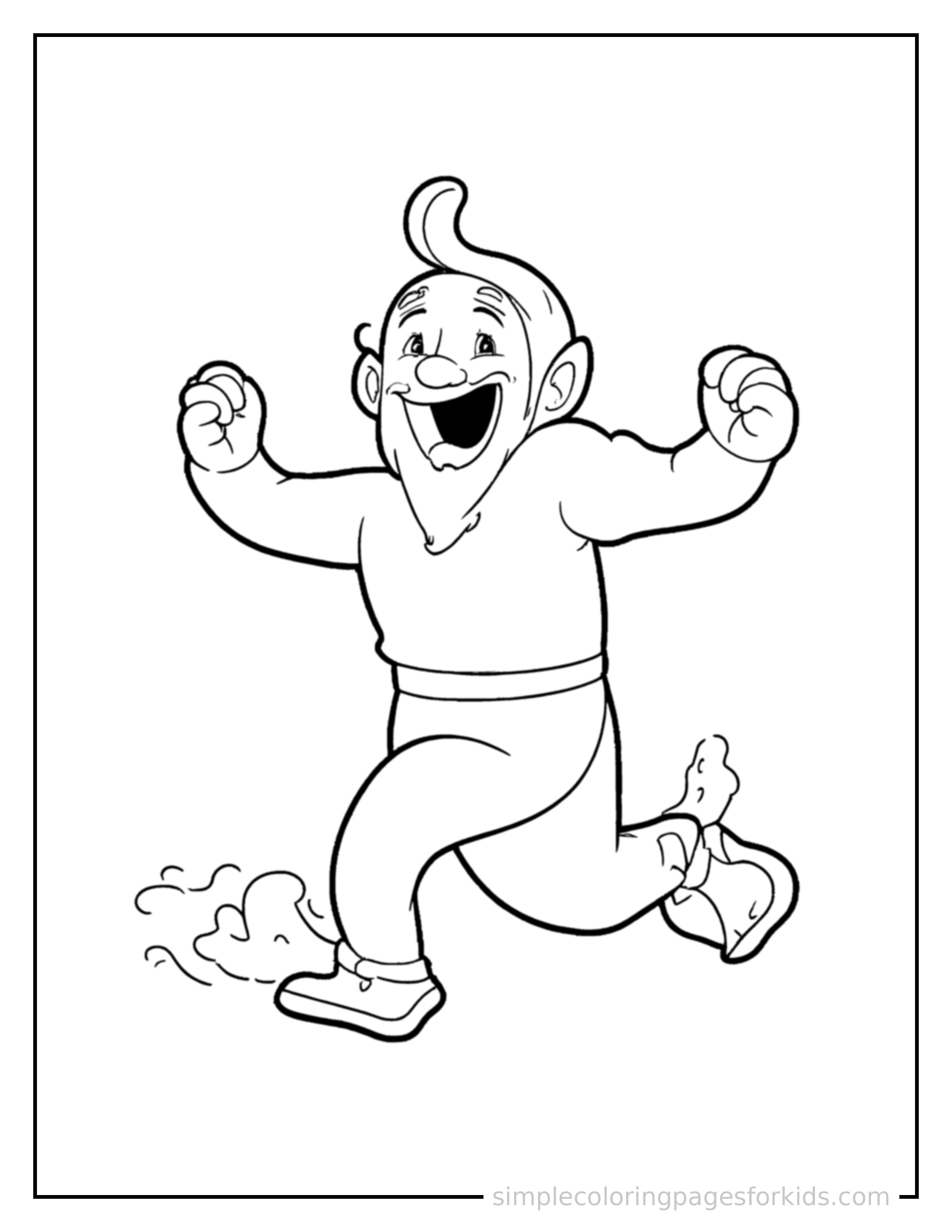 Free printable genie floating out of a magic lamp coloring page featuring a cute genie floating out of a magic lamp running forward at full speed, arms pumping, big happy grin.