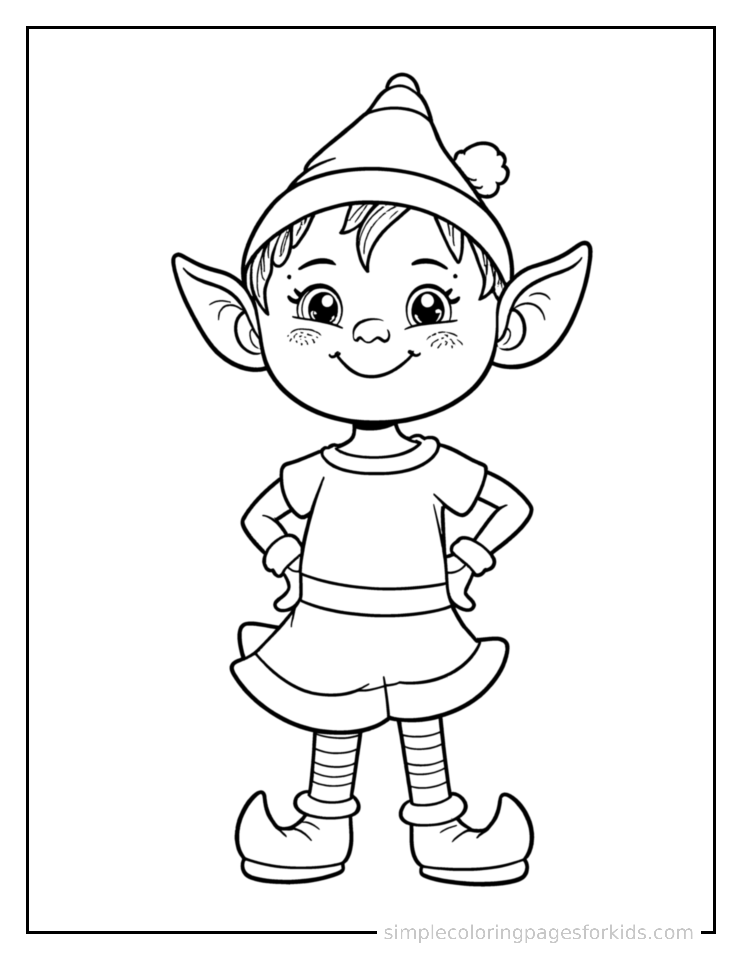 Free printable cheerful elf with pointy ears and a bell hat coloring page featuring a cute cheerful elf with pointy ears and a bell hat standing proudly with hands on hips, chest out, big sparkling happy eyes and open smile.