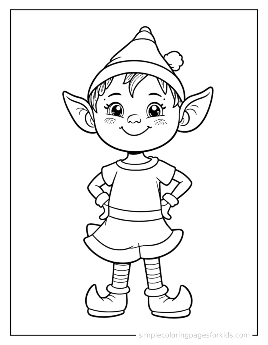 Proud Cheerful Elf With Pointy Ears And A Bell Hat Coloring Page