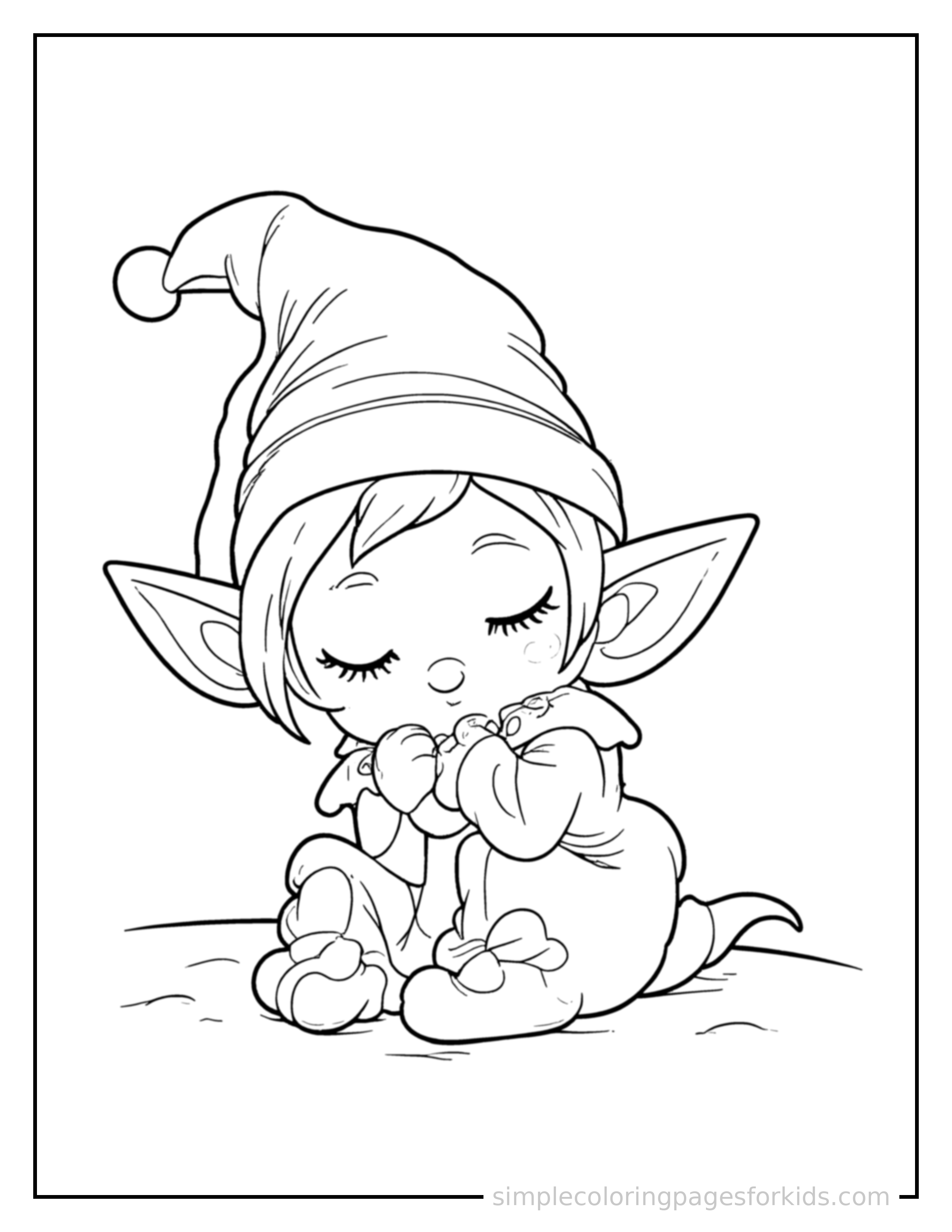 Free printable cheerful elf with pointy ears and a bell hat coloring page featuring a cute cheerful elf with pointy ears and a bell hat curled up fast asleep, peaceful smile, one eye scrunched shut, hands tucked under the chin.
