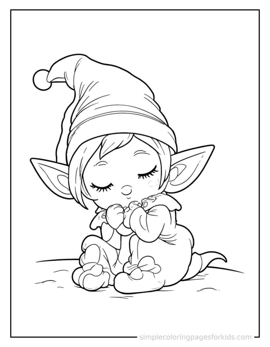 Sleepy Cheerful Elf With Pointy Ears And A Bell Hat Coloring Page