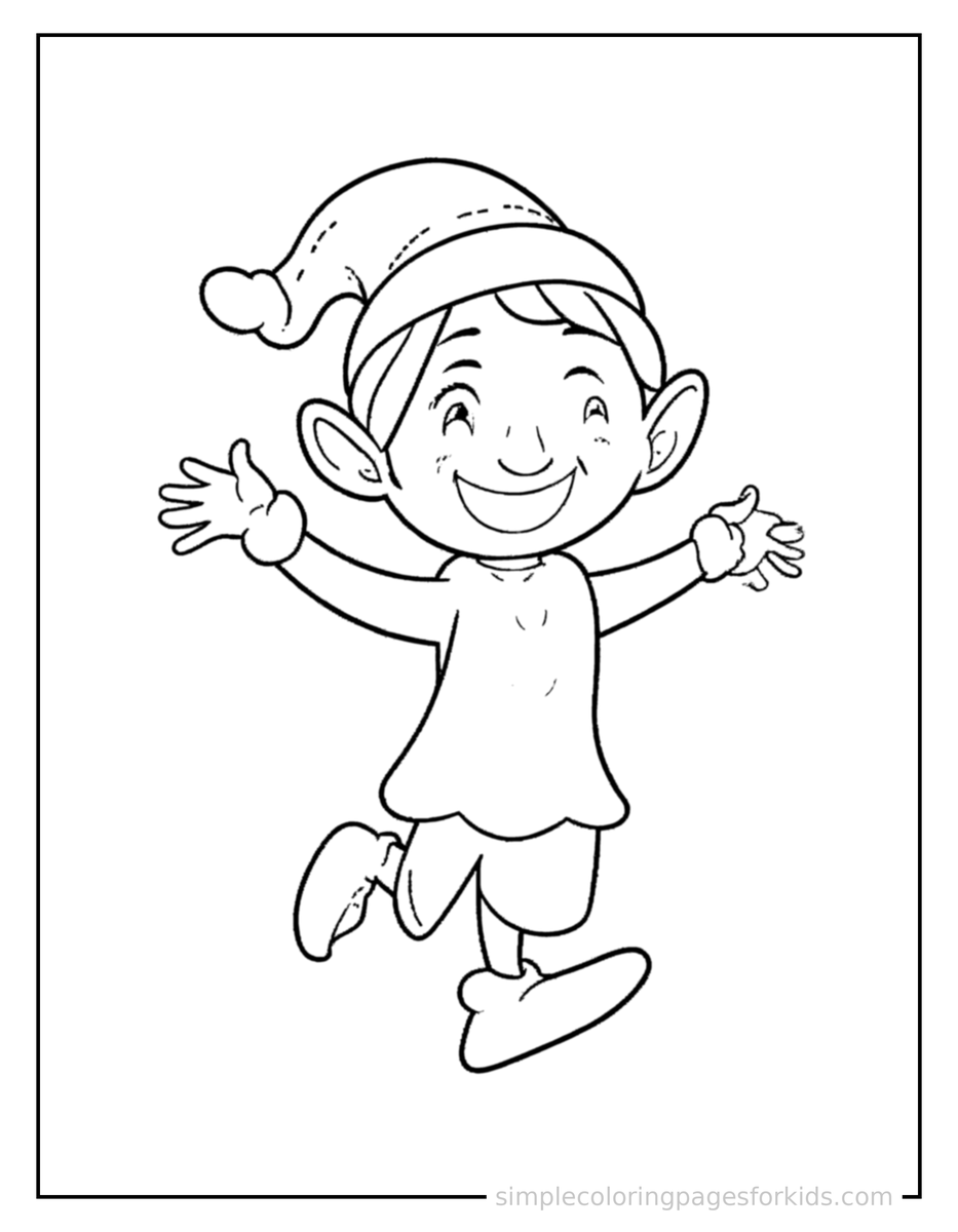 Jumping Cheerful Elf With Pointy Ears And A Bell Hat Coloring Page
