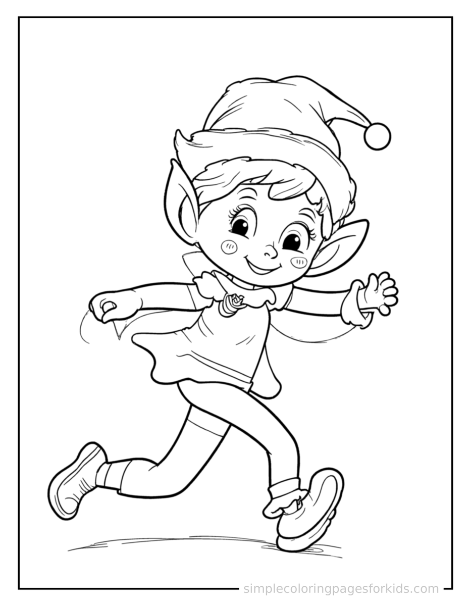 Running Cheerful Elf With Pointy Ears And A Bell Hat Coloring Page