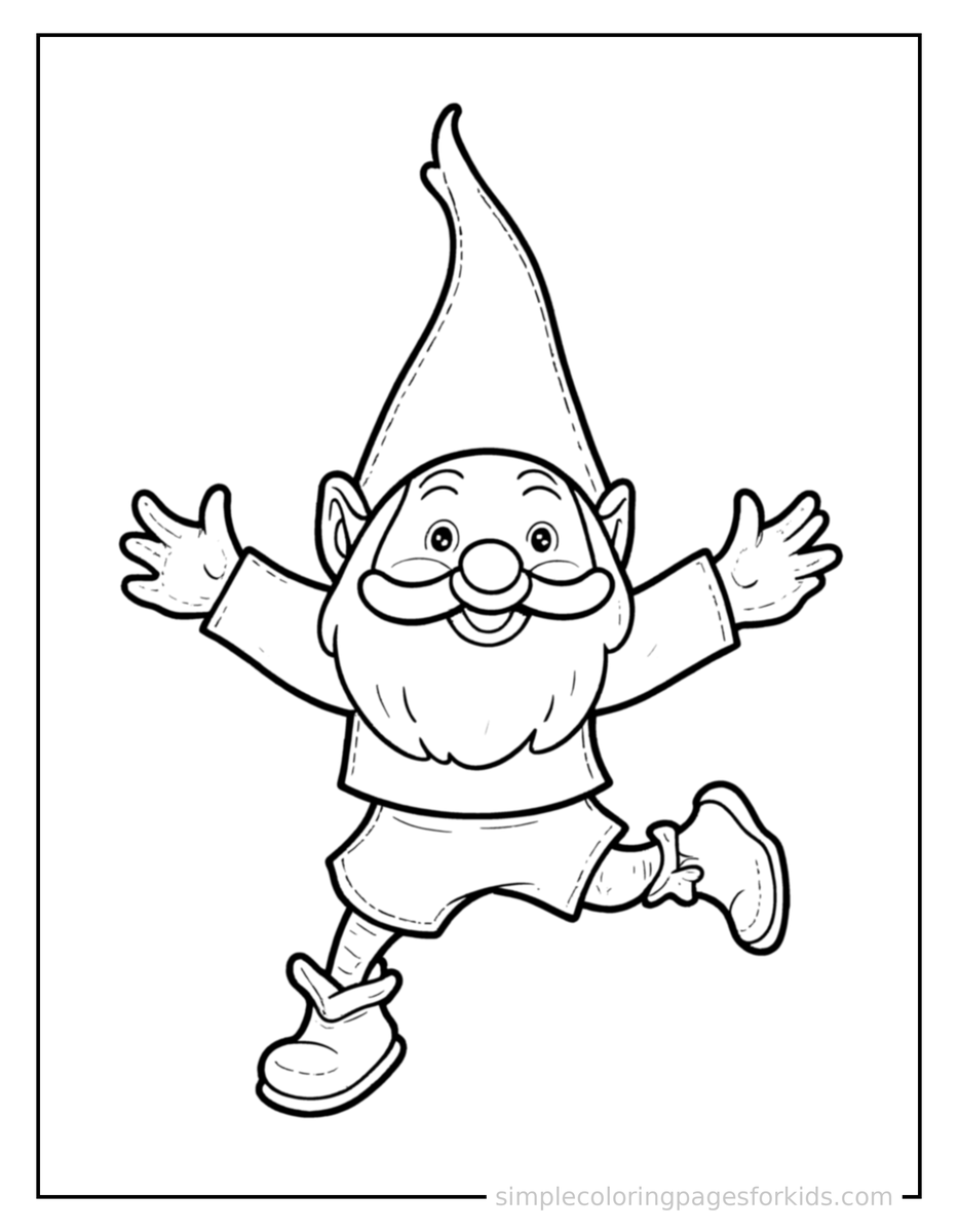 Jumping Garden Gnome With A Tall Pointy Hat Coloring Page