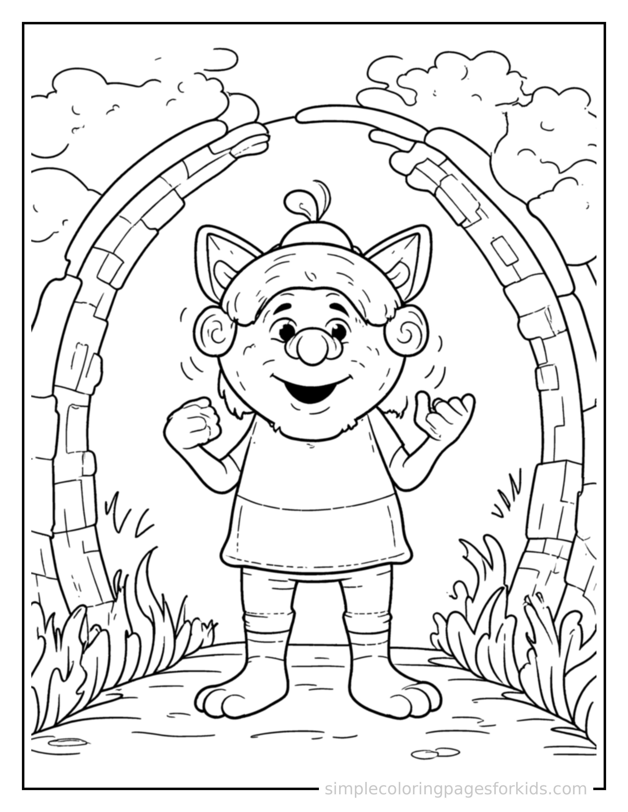 Free printable friendly troll under a bridge coloring page featuring a cute friendly troll under a bridge standing proudly with hands on hips, chest out, big sparkling happy eyes and open smile.