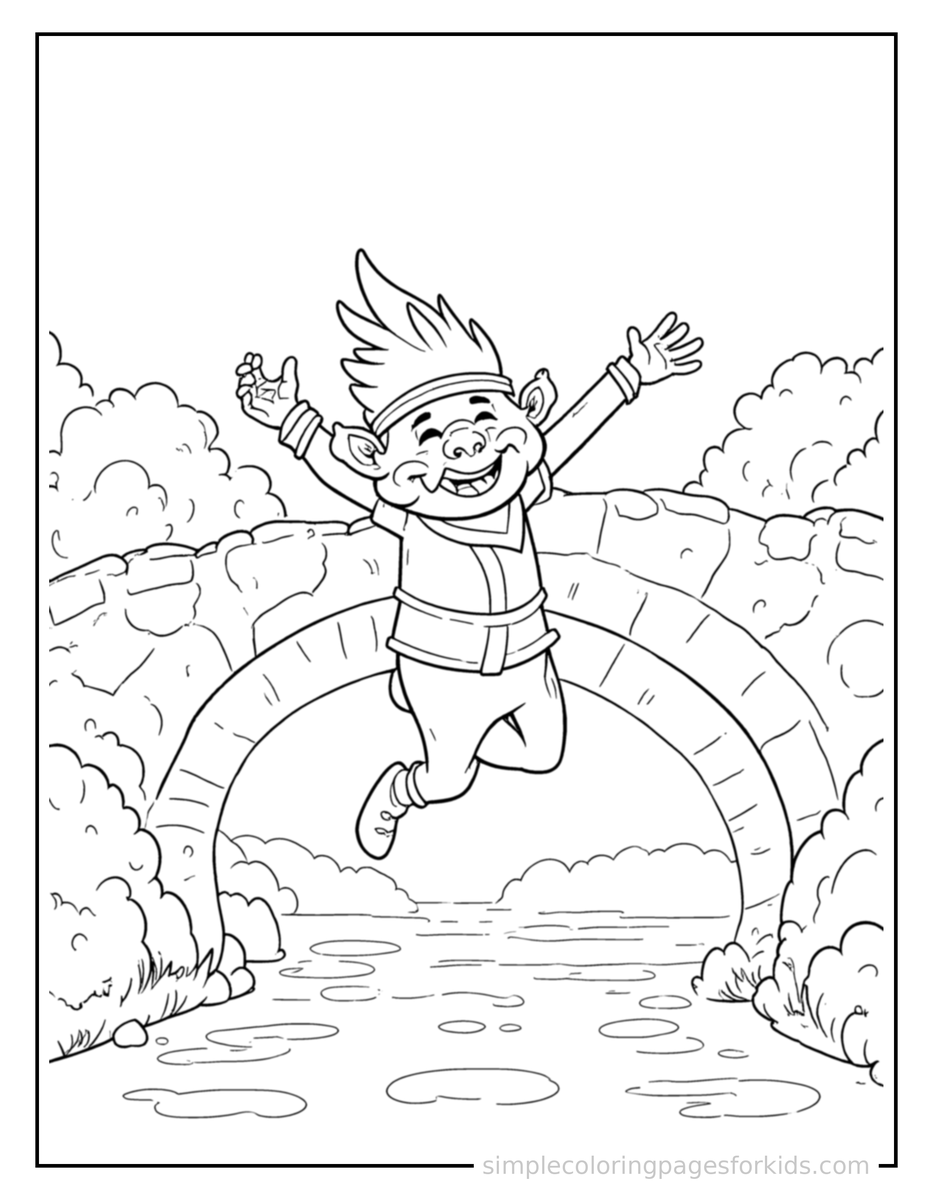 Jumping Friendly Troll Under A Bridge Coloring Page