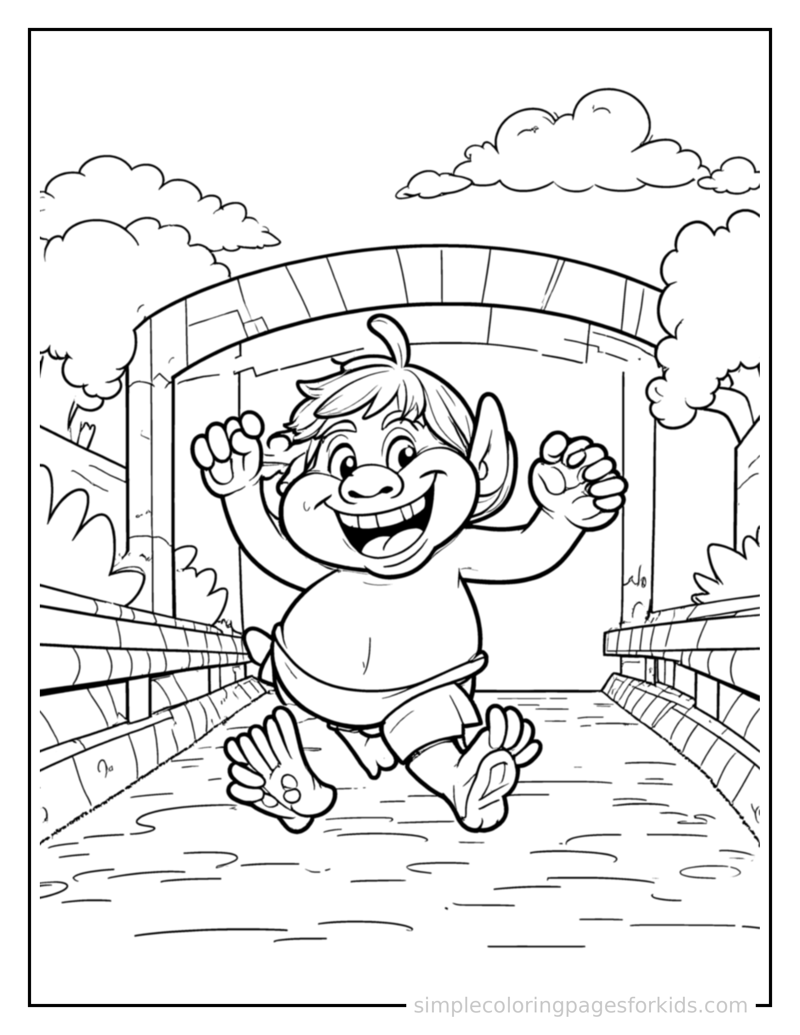 Free printable friendly troll under a bridge coloring page featuring a cute friendly troll under a bridge running forward at full speed, arms pumping, big happy grin.