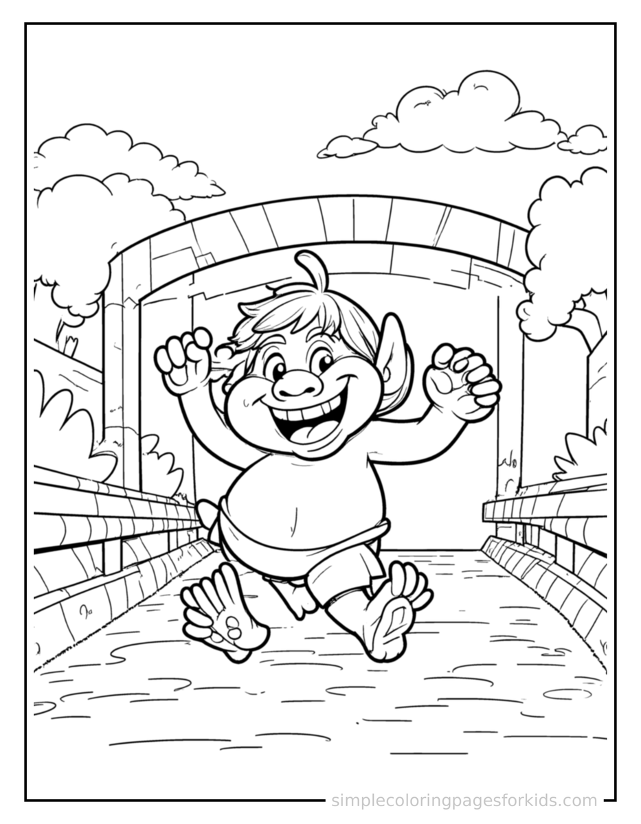 Running Friendly Troll Under A Bridge Coloring Page