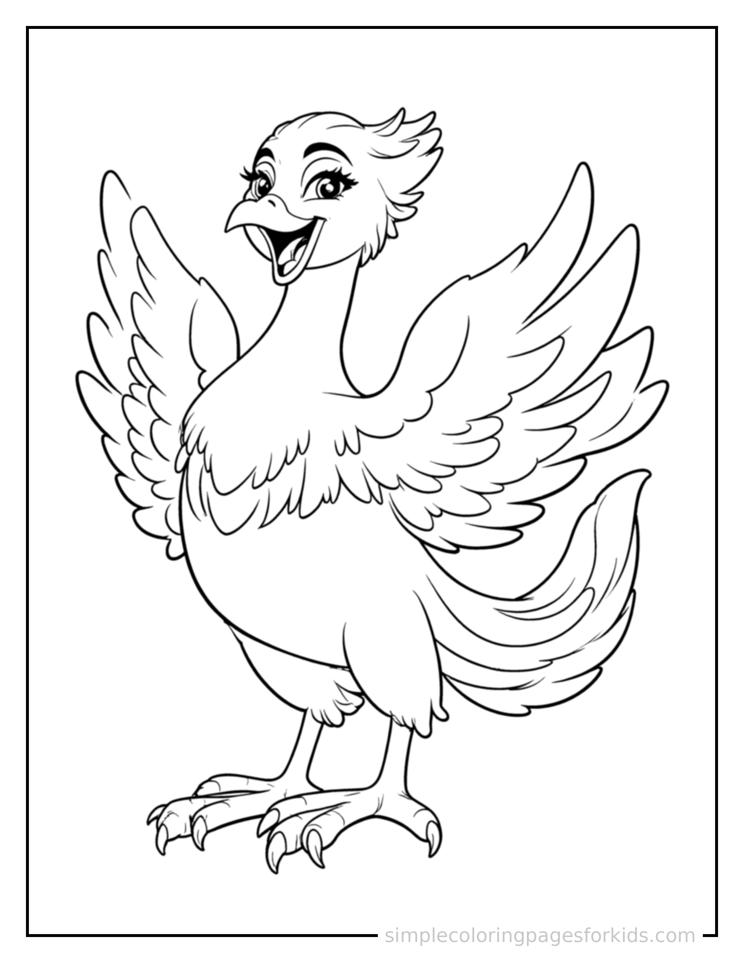 Free printable majestic phoenix with glowing feathers coloring page featuring a cute majestic phoenix with glowing feathers standing tall with a big cheerful grin, one hand raised in a wave, head tilted slightly.