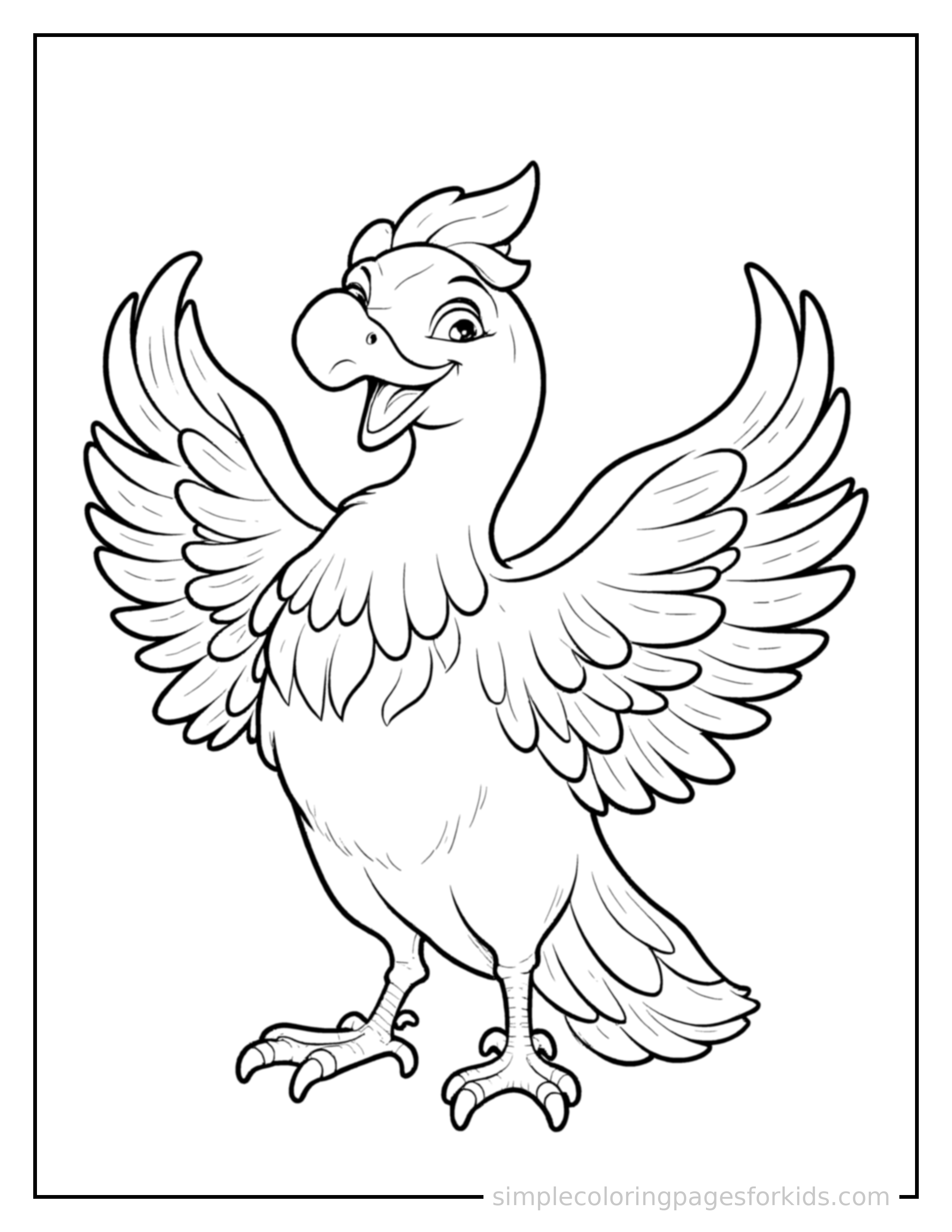 Free printable majestic phoenix with glowing feathers coloring page featuring a cute majestic phoenix with glowing feathers standing proudly with hands on hips, chest out, big sparkling happy eyes and open smile.