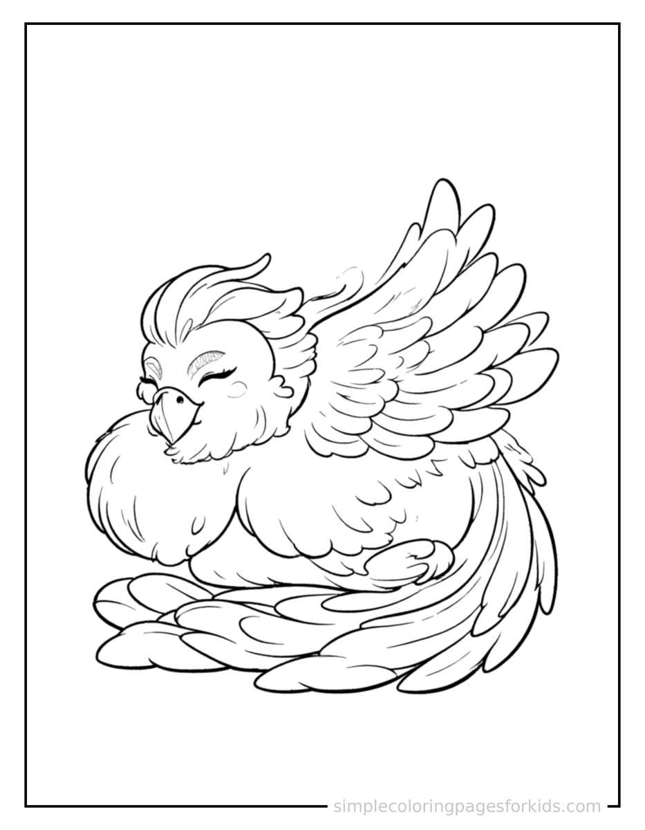 Sleepy Majestic Phoenix With Glowing Feathers Coloring Page