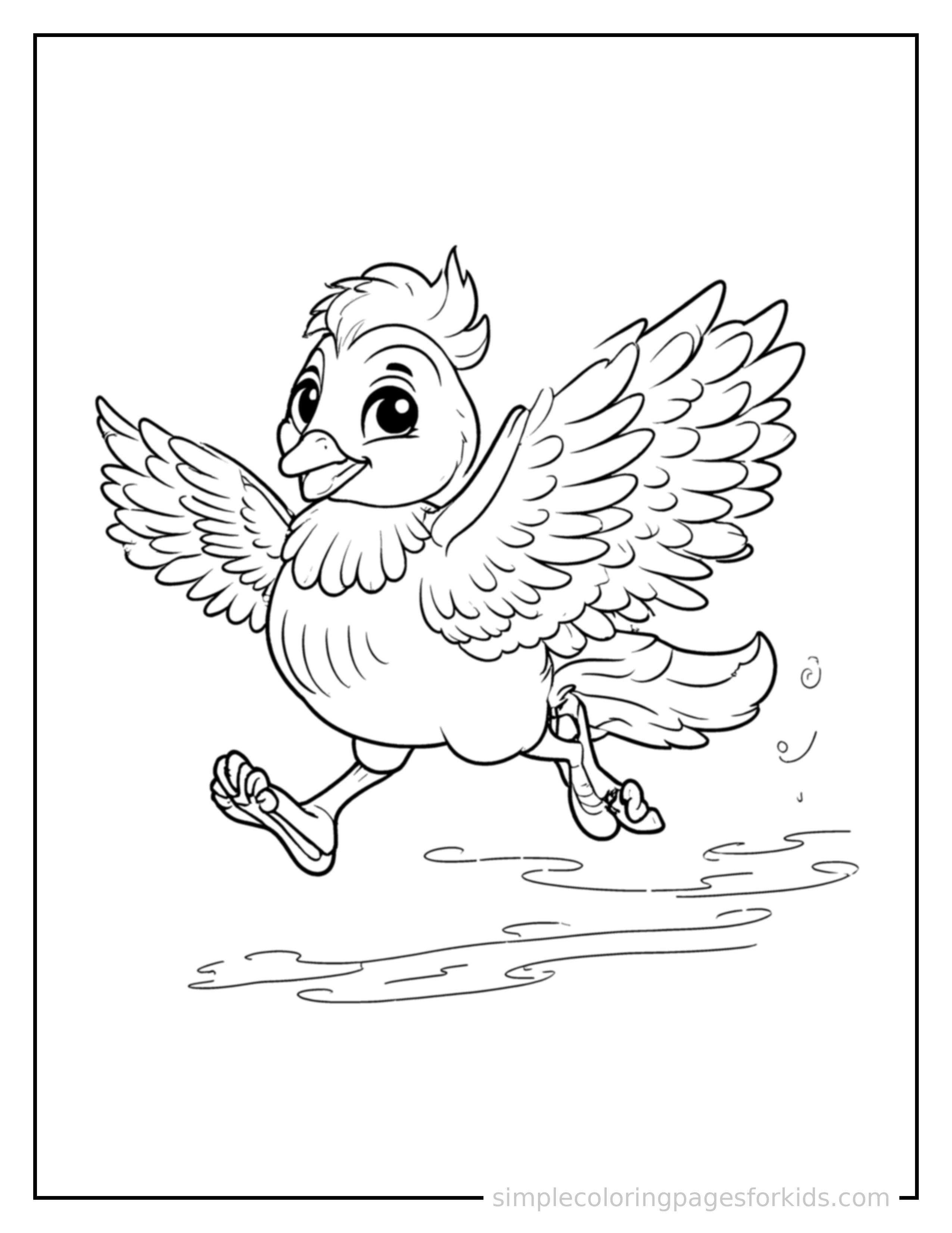 Free printable majestic phoenix with glowing feathers coloring page featuring a cute majestic phoenix with glowing feathers running forward at full speed, arms pumping, big happy grin.