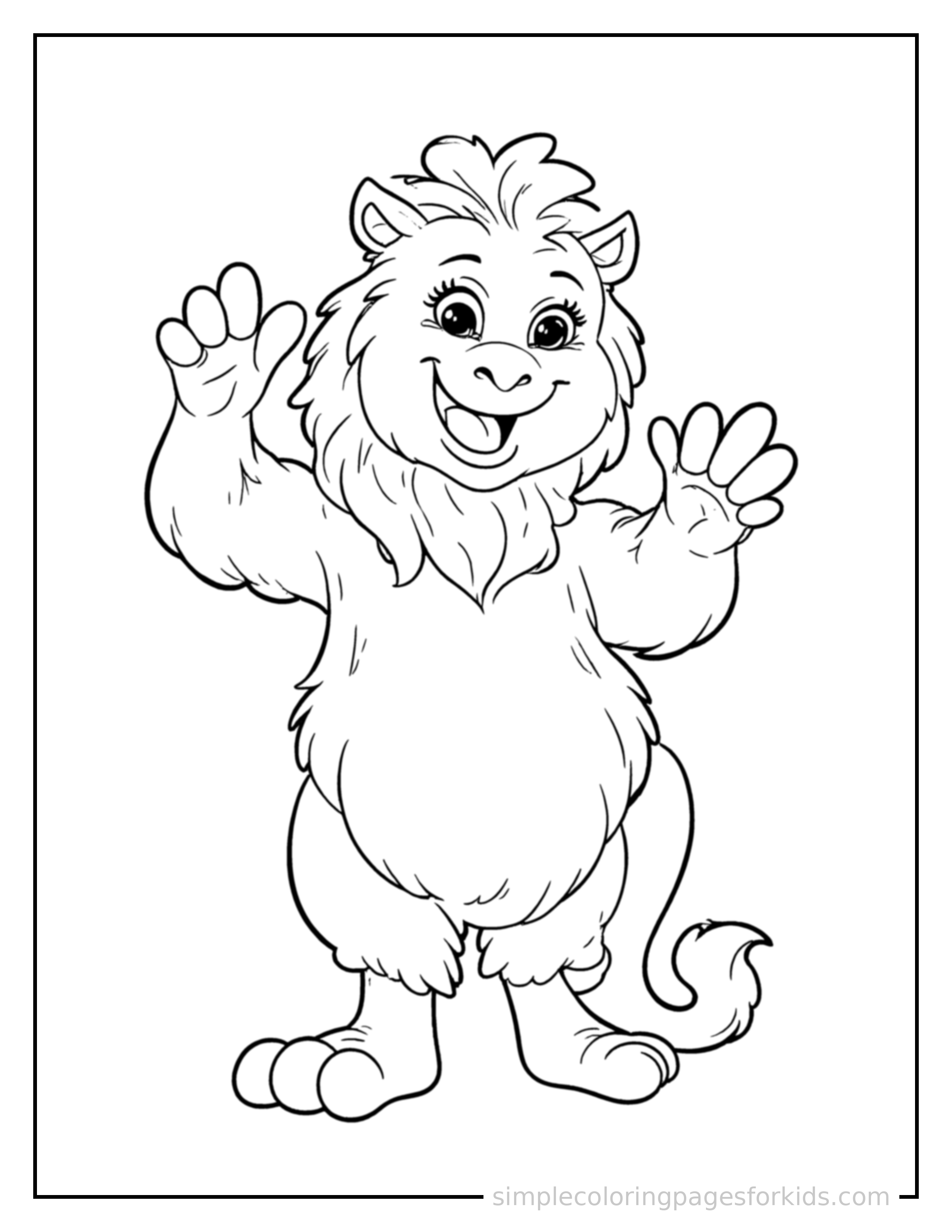Free printable griffin with an eagle head and lion body coloring page featuring a cute griffin with an eagle head and lion body standing tall with a big cheerful grin, one hand raised in a wave, head tilted slightly.