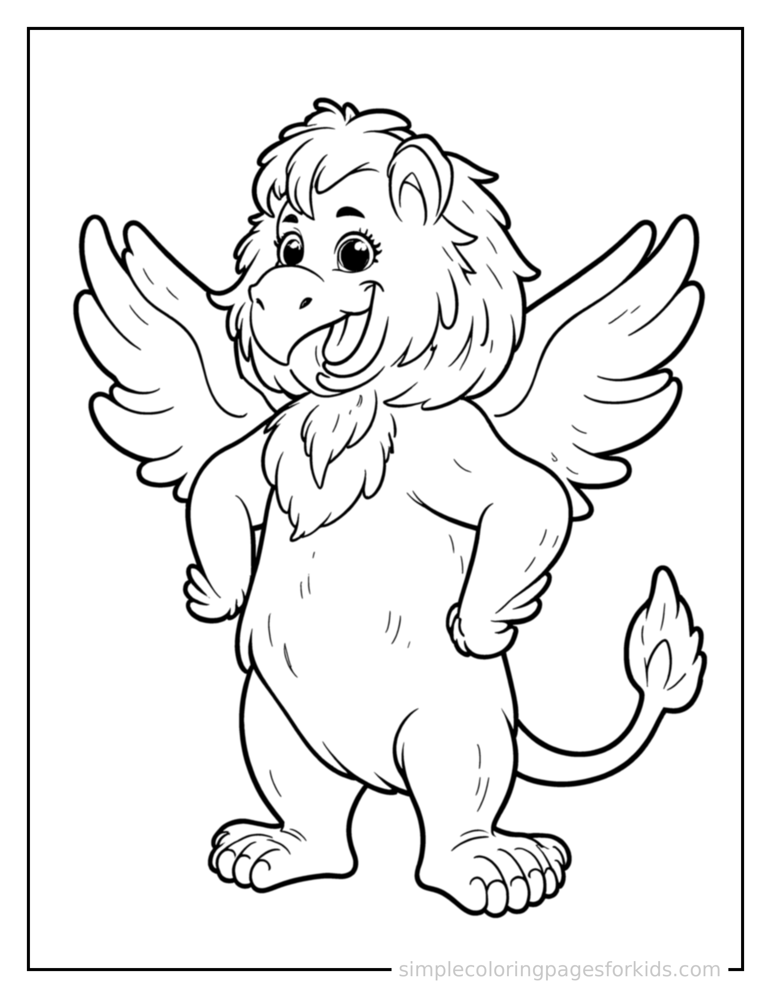 Free printable griffin with an eagle head and lion body coloring page featuring a cute griffin with an eagle head and lion body standing proudly with hands on hips, chest out, big sparkling happy eyes and open smile.