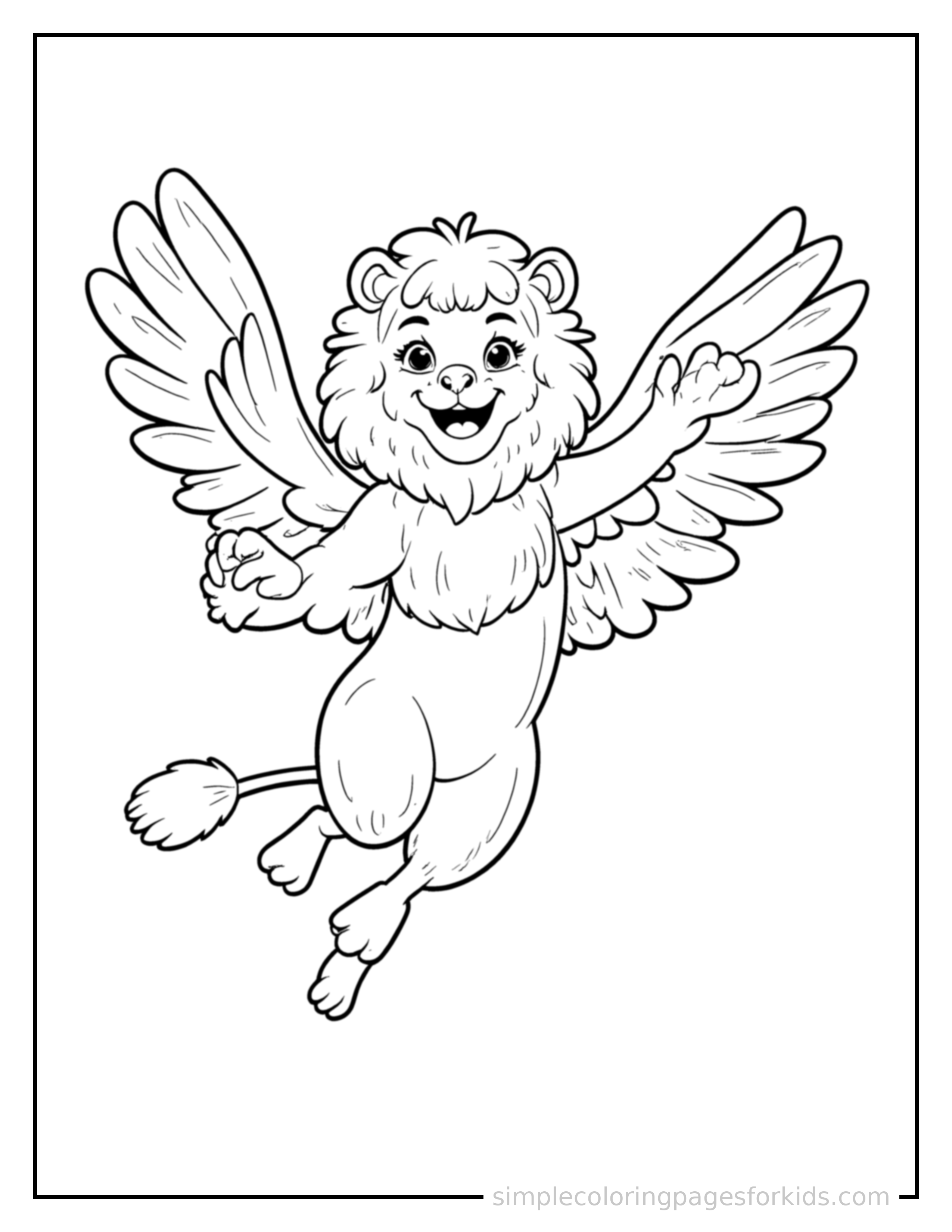 Free printable griffin with an eagle head and lion body coloring page featuring a cute griffin with an eagle head and lion body mid-jump with arms and legs stretched out playfully, mouth open with excitement.