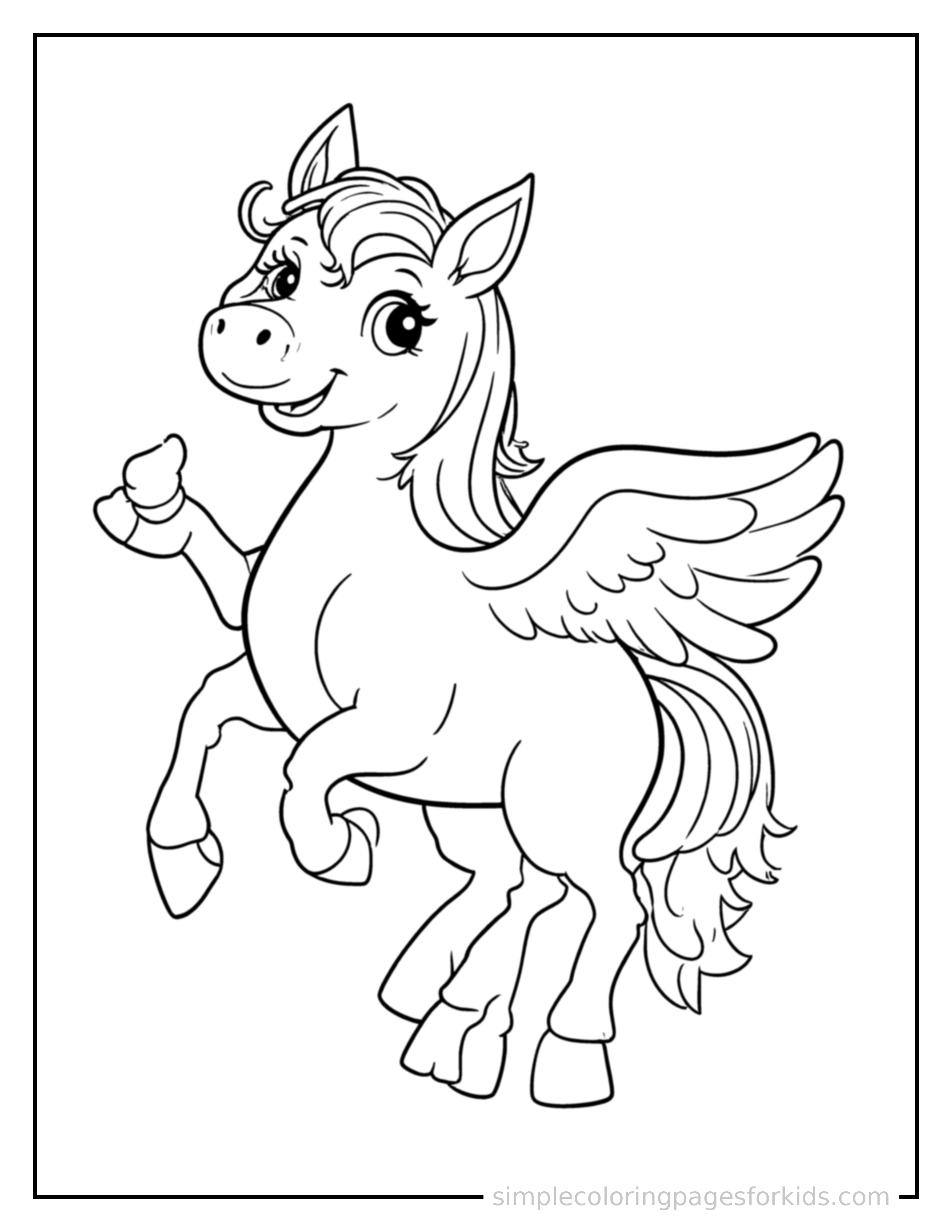 Free printable flying pegasus with feathered wings coloring page featuring a cute flying pegasus with feathered wings standing tall with a big cheerful grin, one hand raised in a wave, head tilted slightly.