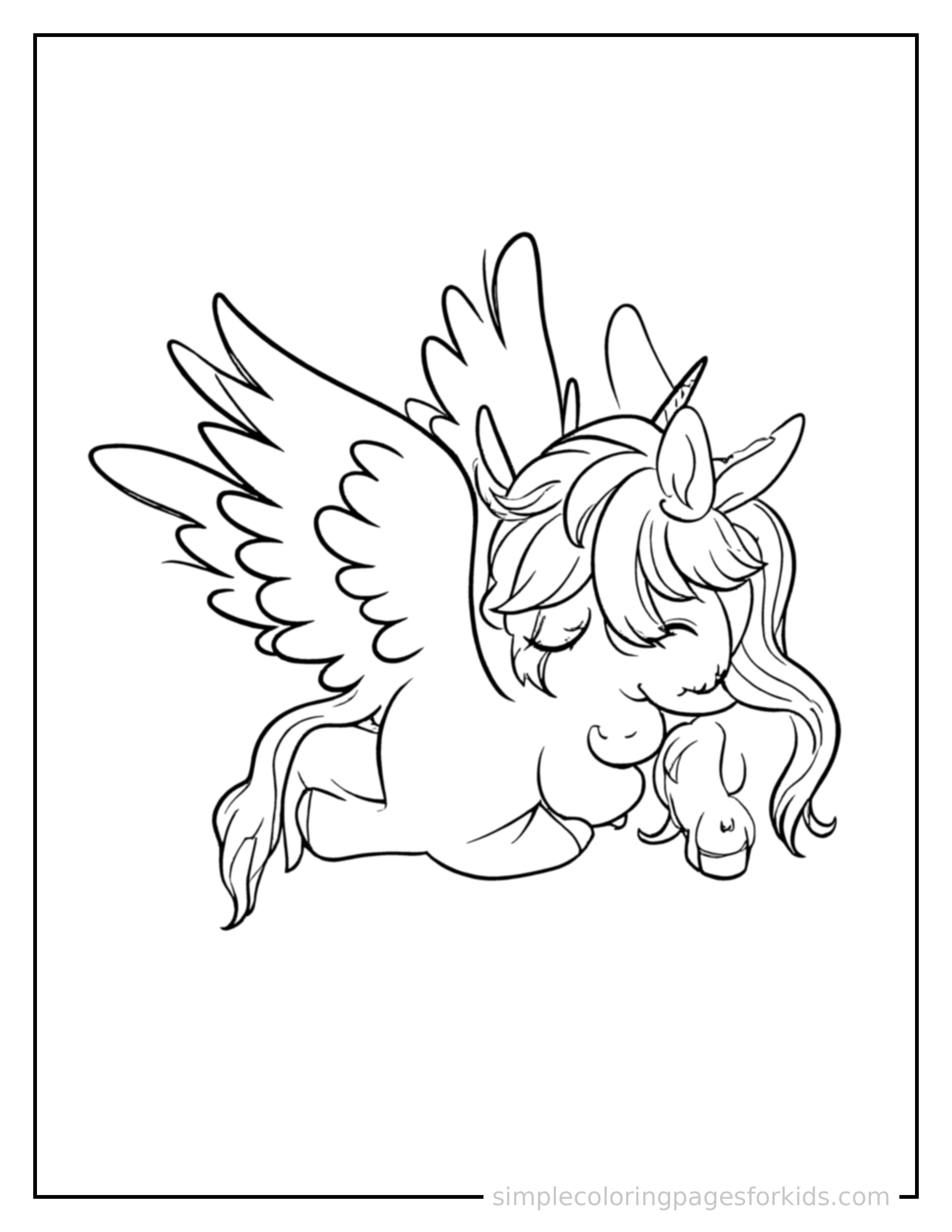 Free printable flying pegasus with feathered wings coloring page featuring a cute flying pegasus with feathered wings curled up fast asleep, peaceful smile, one eye scrunched shut, hands tucked under the chin.