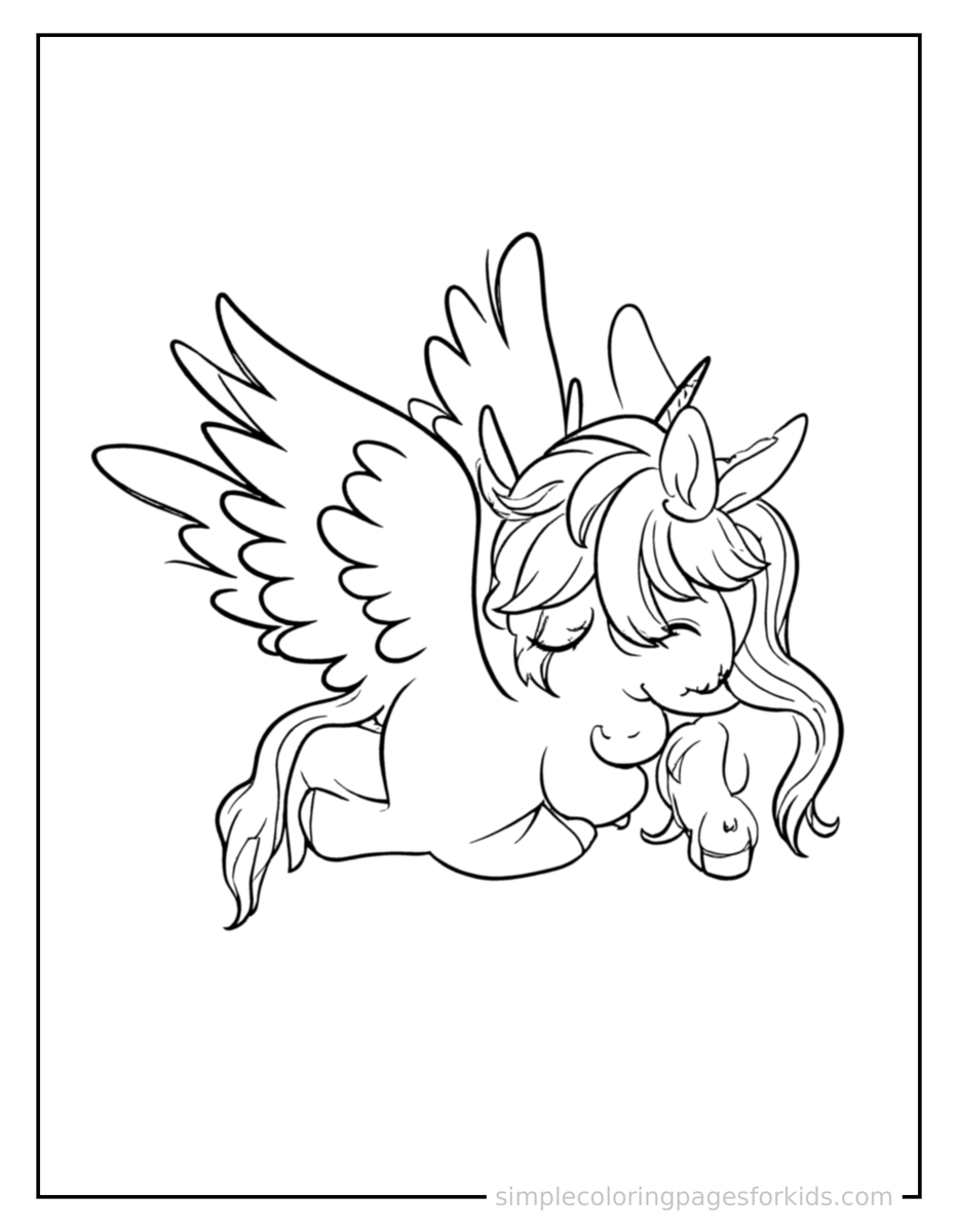 Sleepy Flying Pegasus With Feathered Wings Coloring Page