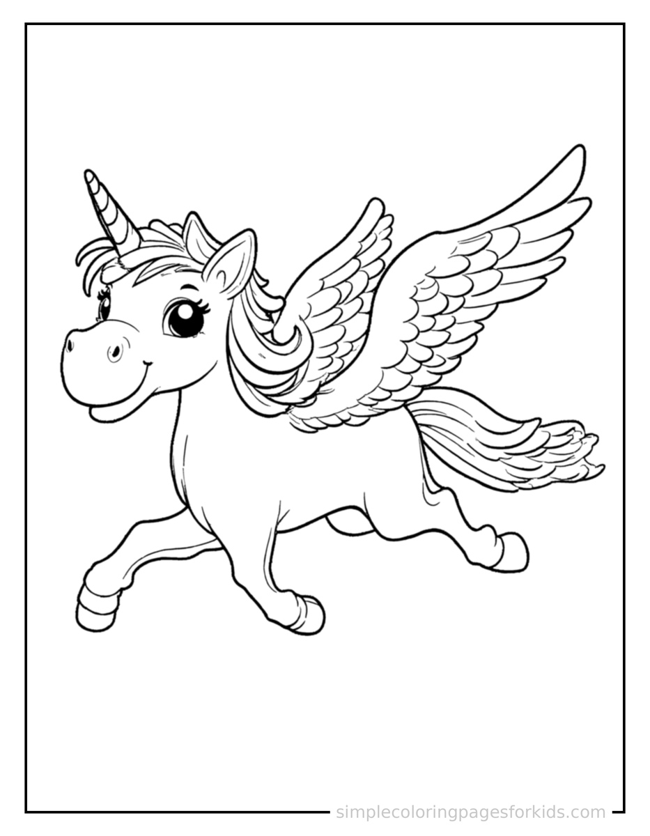 Running Flying Pegasus With Feathered Wings Coloring Page