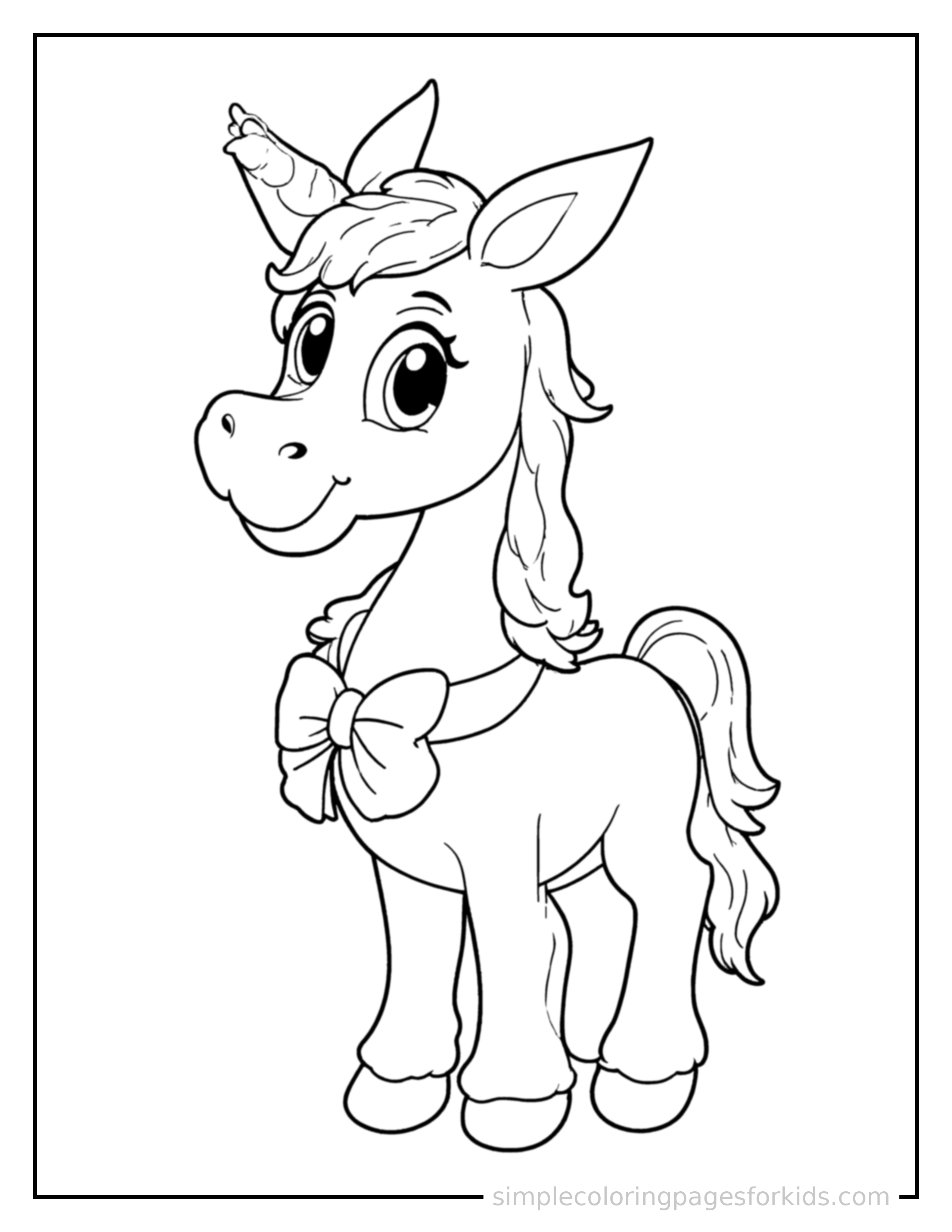 Free printable gentle centaur with a bow coloring page featuring a cute gentle centaur with a bow standing proudly with hands on hips, chest out, big sparkling happy eyes and open smile.