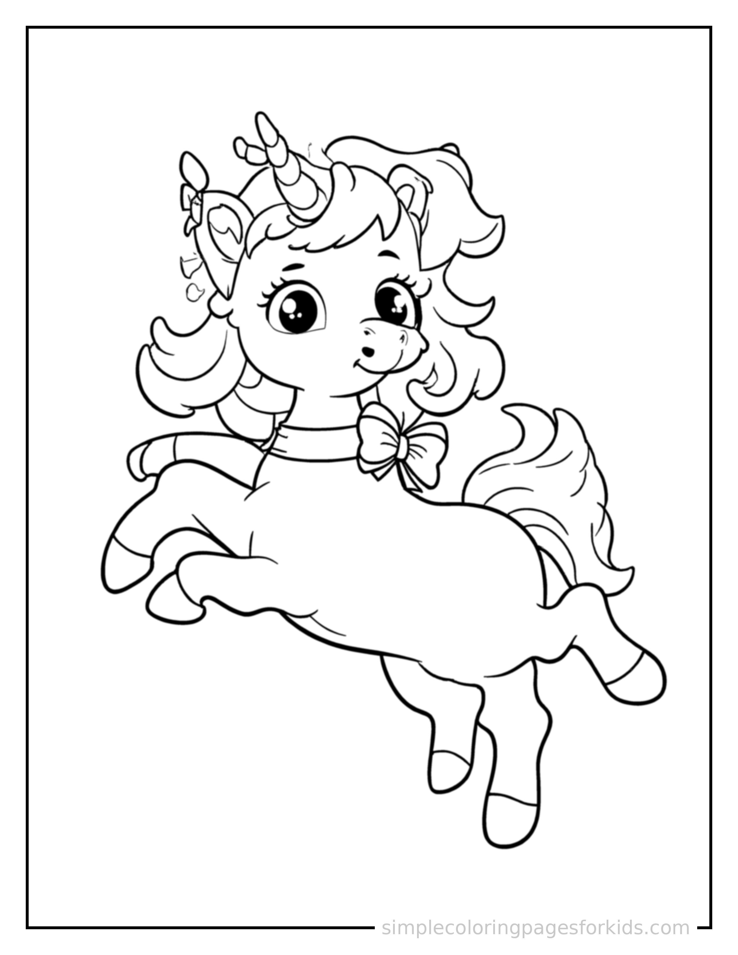 Free printable gentle centaur with a bow coloring page featuring a cute gentle centaur with a bow mid-jump with arms and legs stretched out playfully, mouth open with excitement.