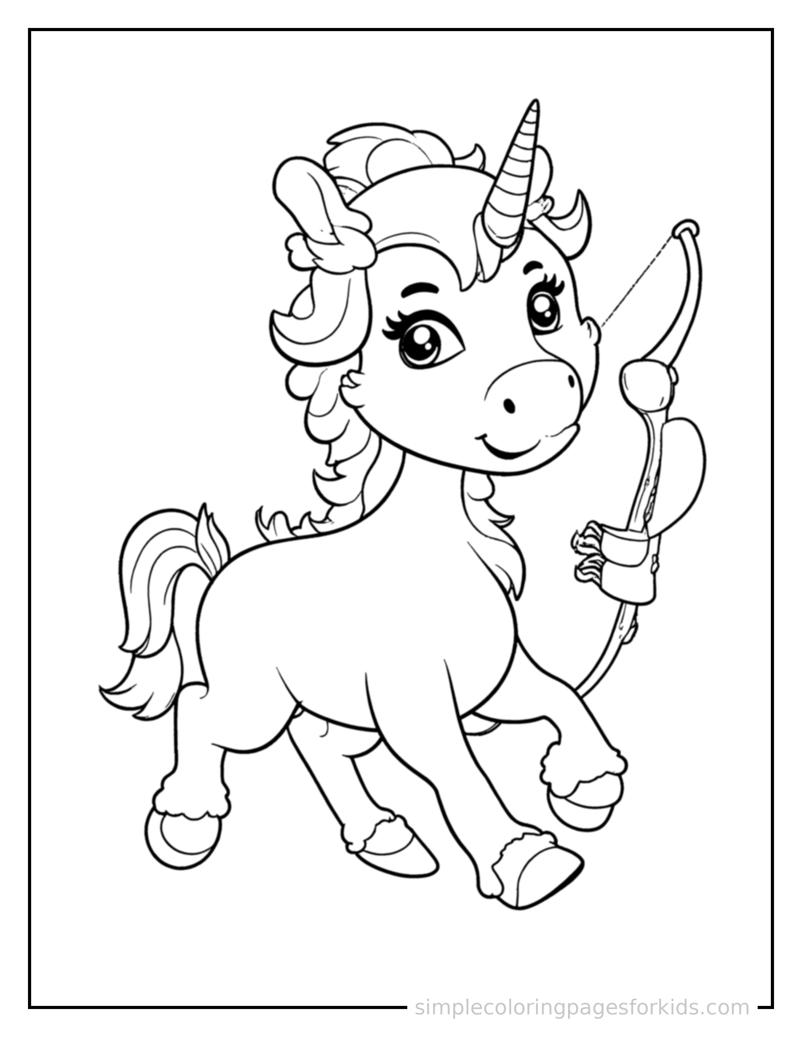 Free printable gentle centaur with a bow coloring page featuring a cute gentle centaur with a bow running forward at full speed, arms pumping, big happy grin.