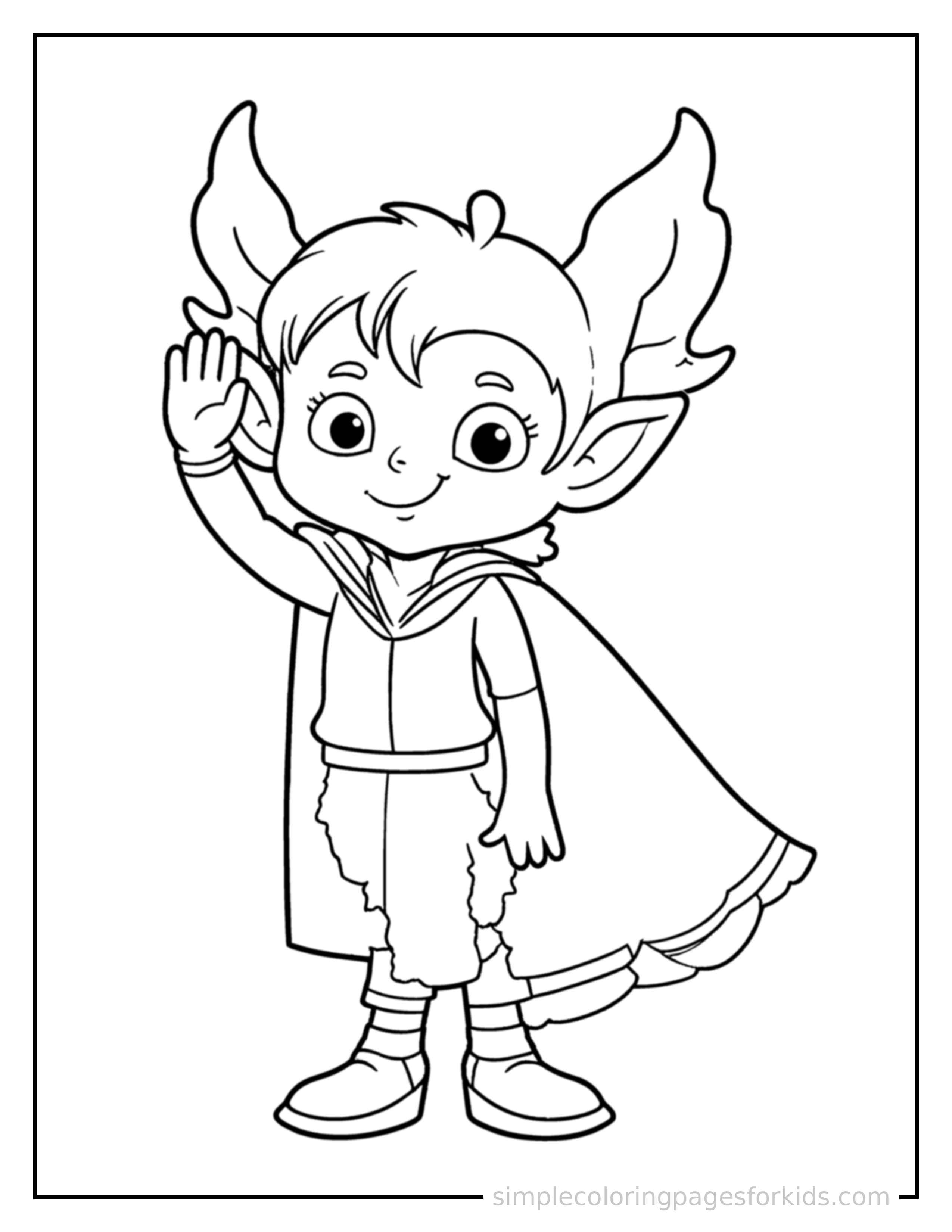 Free printable friendly kid vampire with a small cape coloring page featuring a cute friendly kid vampire with a small cape standing tall with a big cheerful grin, one hand raised in a wave, head tilted slightly.