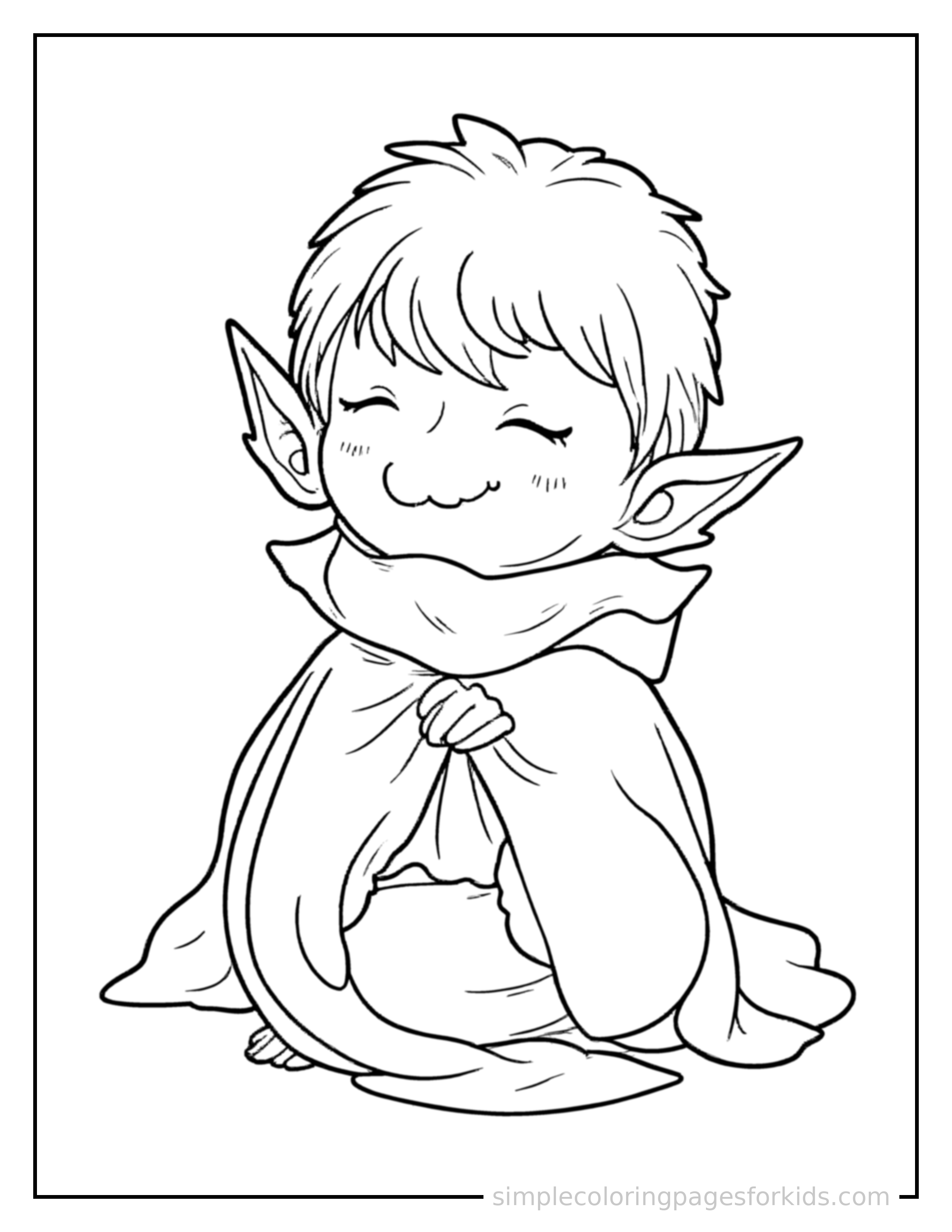 Free printable friendly kid vampire with a small cape coloring page featuring a cute friendly kid vampire with a small cape curled up fast asleep, peaceful smile, one eye scrunched shut, hands tucked under the chin.