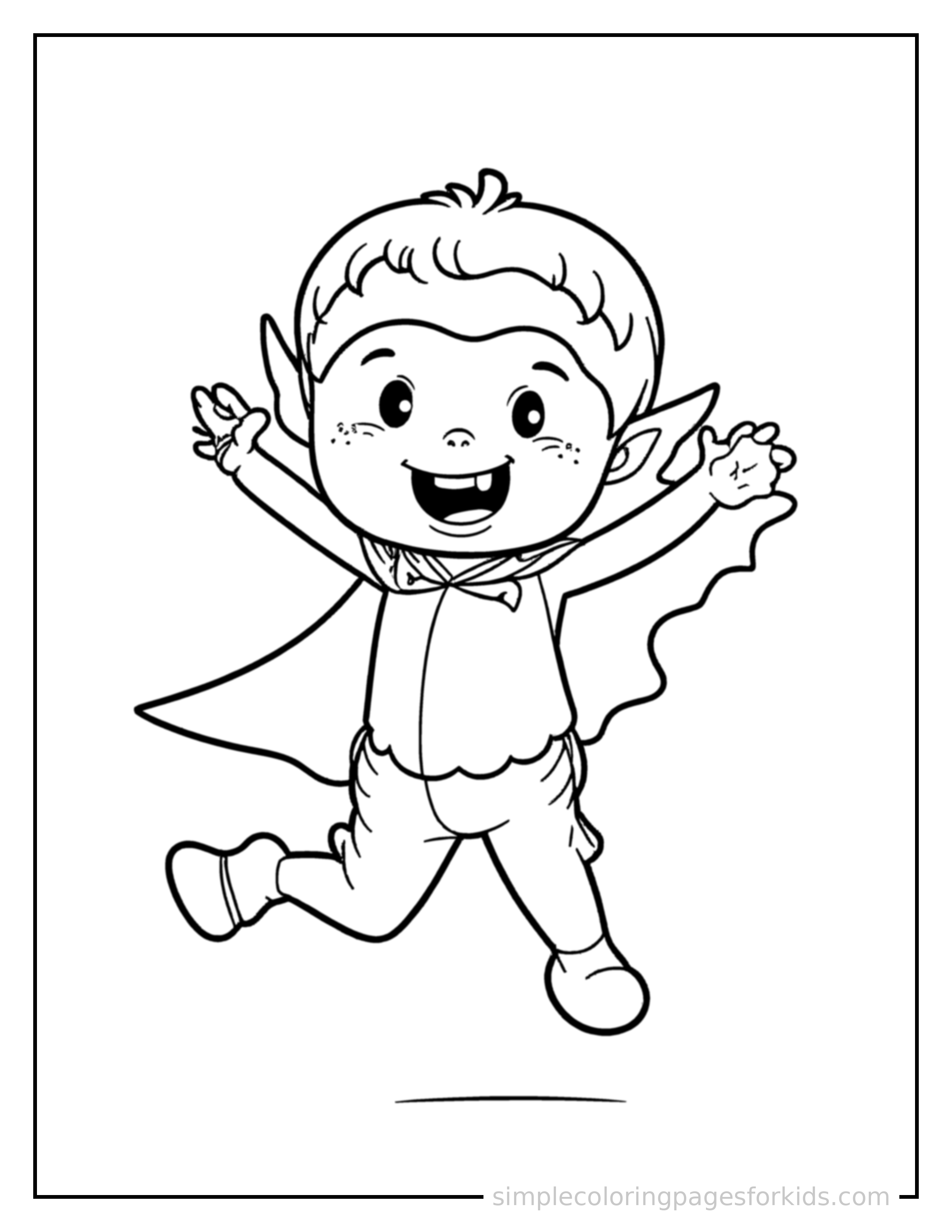Free printable friendly kid vampire with a small cape coloring page featuring a cute friendly kid vampire with a small cape mid-jump with arms and legs stretched out playfully, mouth open with excitement.