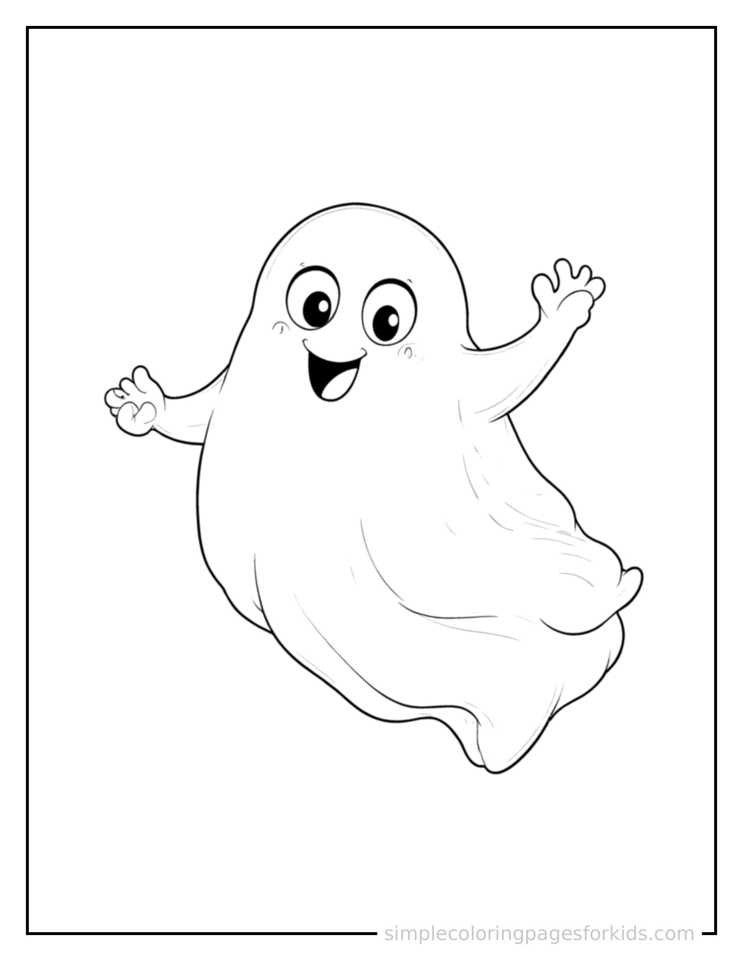 Free printable friendly ghost floating with a happy face coloring page featuring a cute friendly ghost floating with a happy face mid-jump with arms and legs stretched out playfully, mouth open with excitement.
