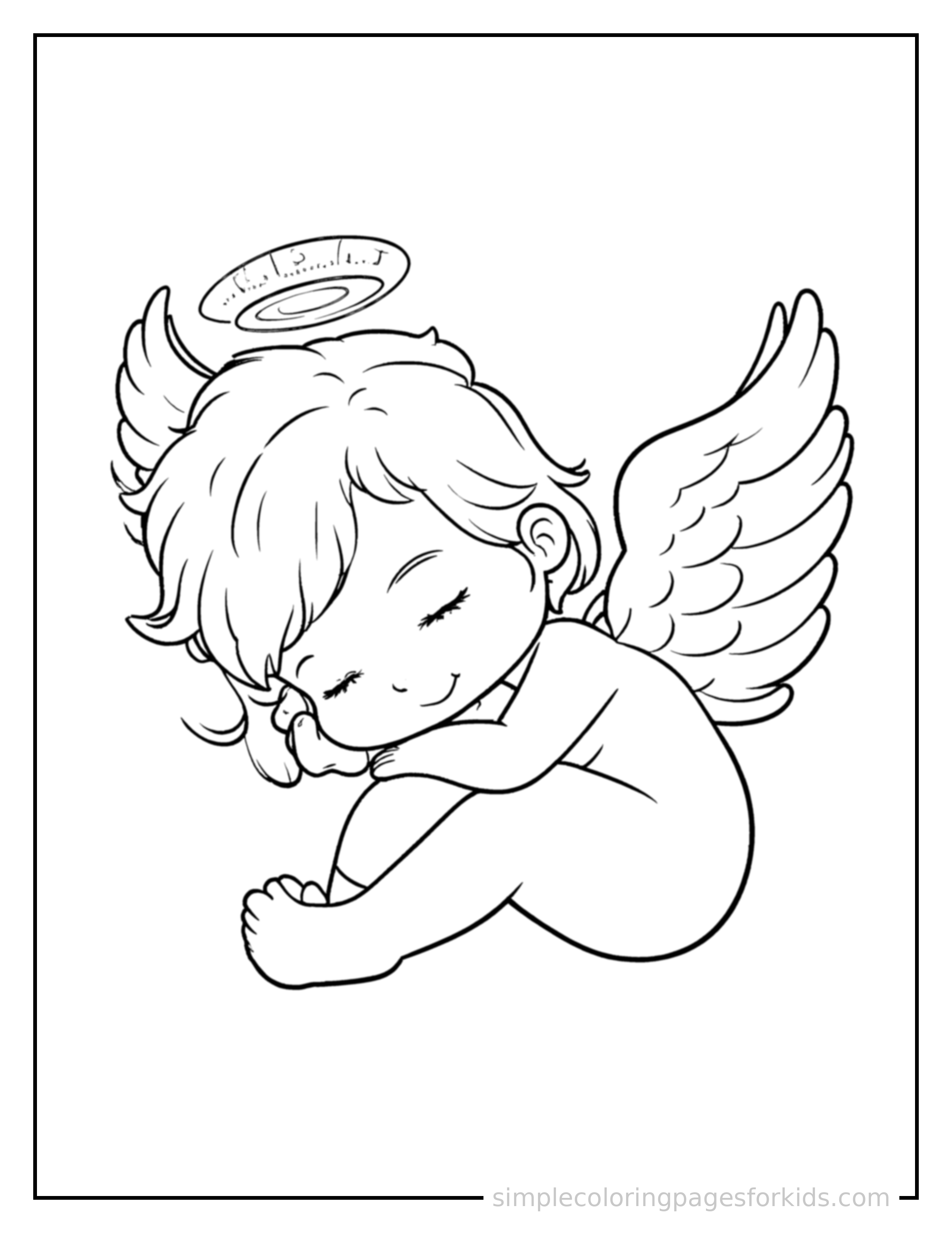 Free printable little angel with fluffy wings and a halo coloring page featuring a cute little angel with fluffy wings and a halo curled up fast asleep, peaceful smile, one eye scrunched shut, hands tucked under the chin.