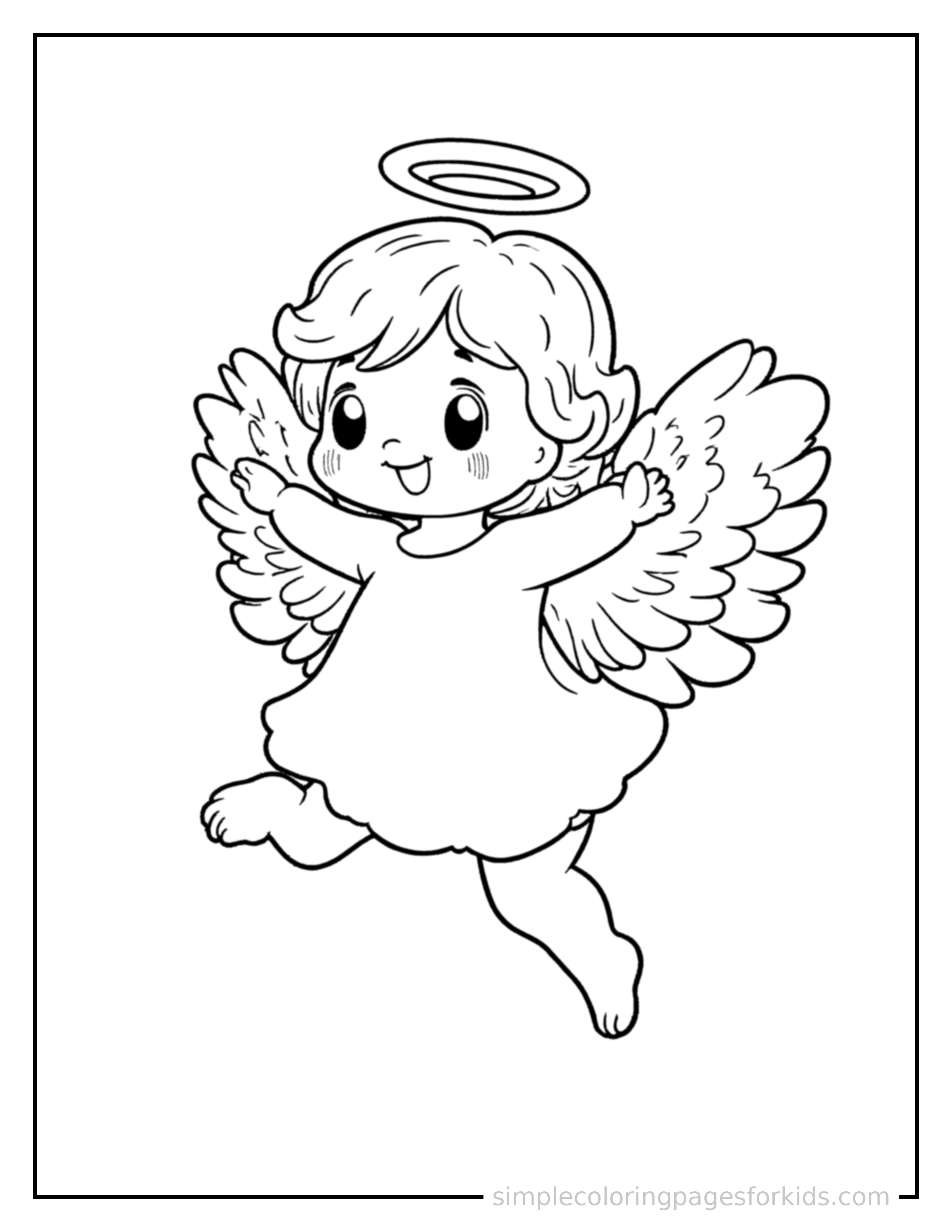 Free printable little angel with fluffy wings and a halo coloring page featuring a cute little angel with fluffy wings and a halo mid-jump with arms and legs stretched out playfully, mouth open with excitement.