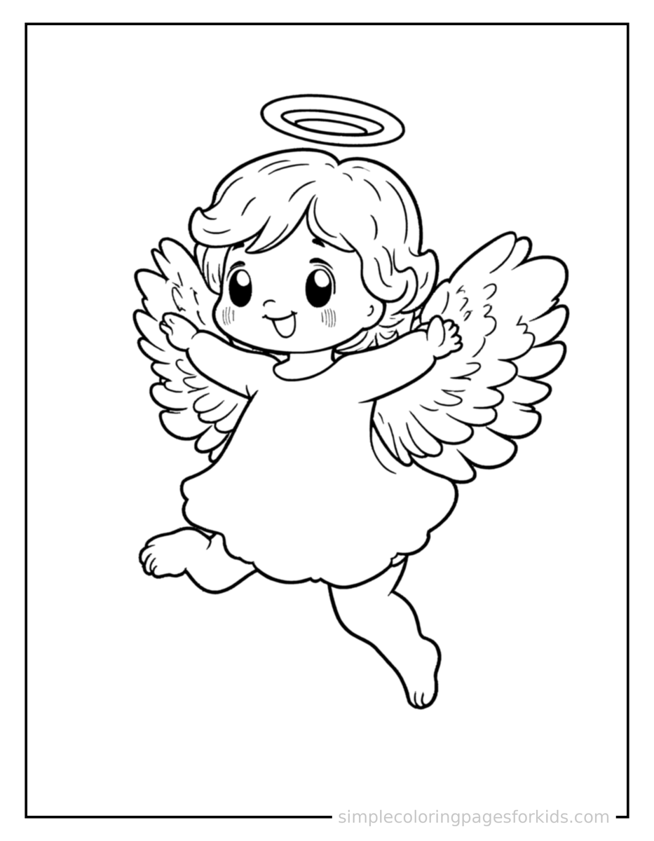 Jumping Little Angel With Fluffy Wings And A Halo Coloring Page