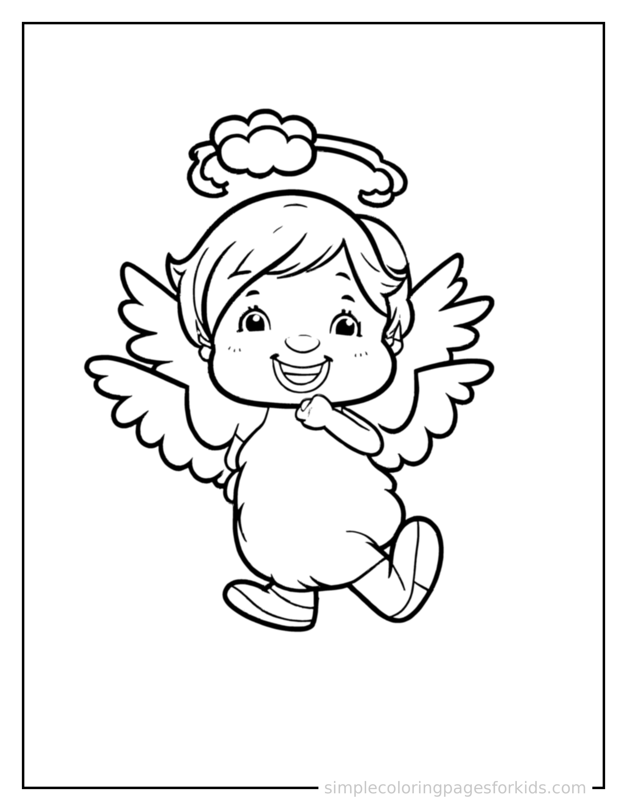 Free printable little angel with fluffy wings and a halo coloring page featuring a cute little angel with fluffy wings and a halo running forward at full speed, arms pumping, big happy grin.