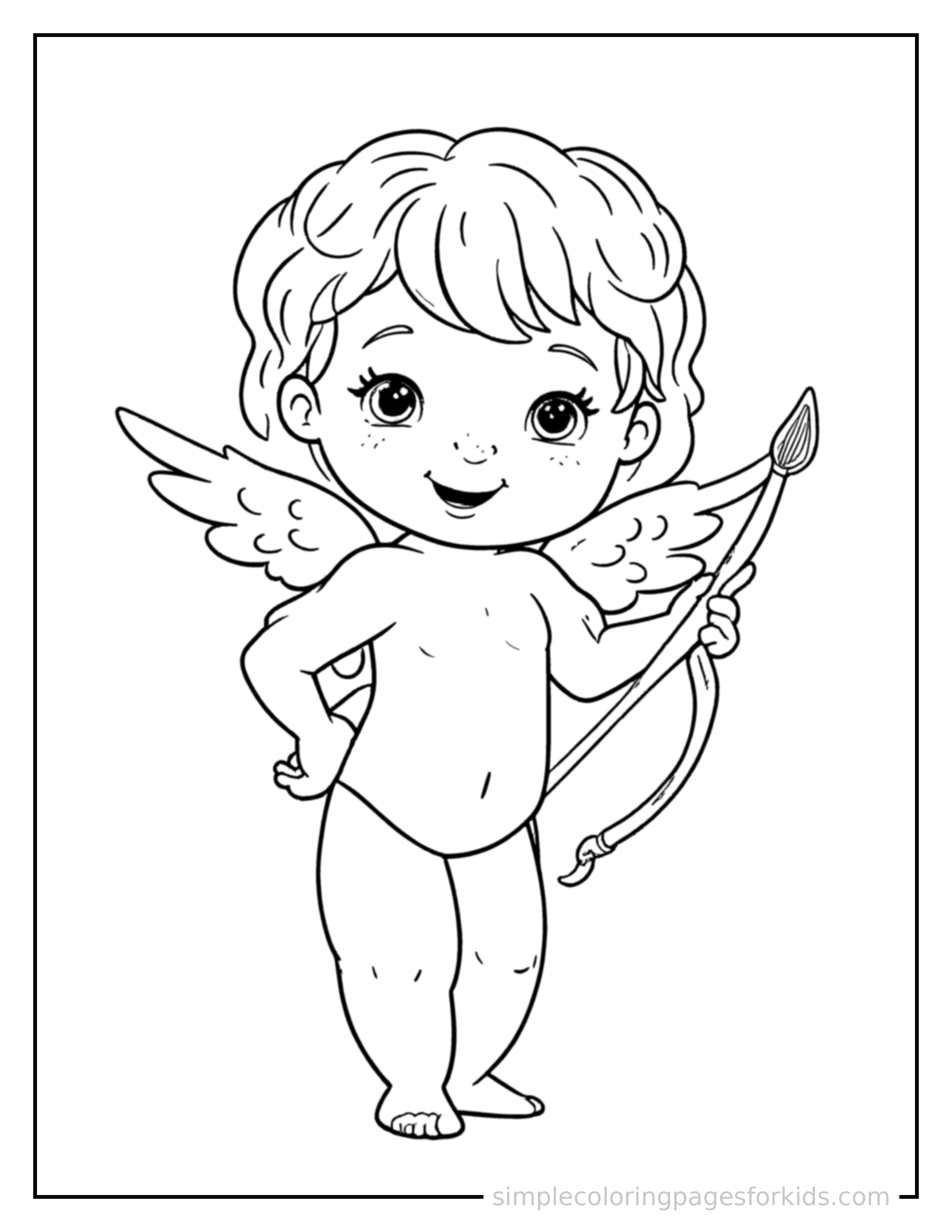 Free printable cupid with tiny wings and a bow and arrow coloring page featuring a cute cupid with tiny wings and a bow and arrow standing proudly with hands on hips, chest out, big sparkling happy eyes and open smile.